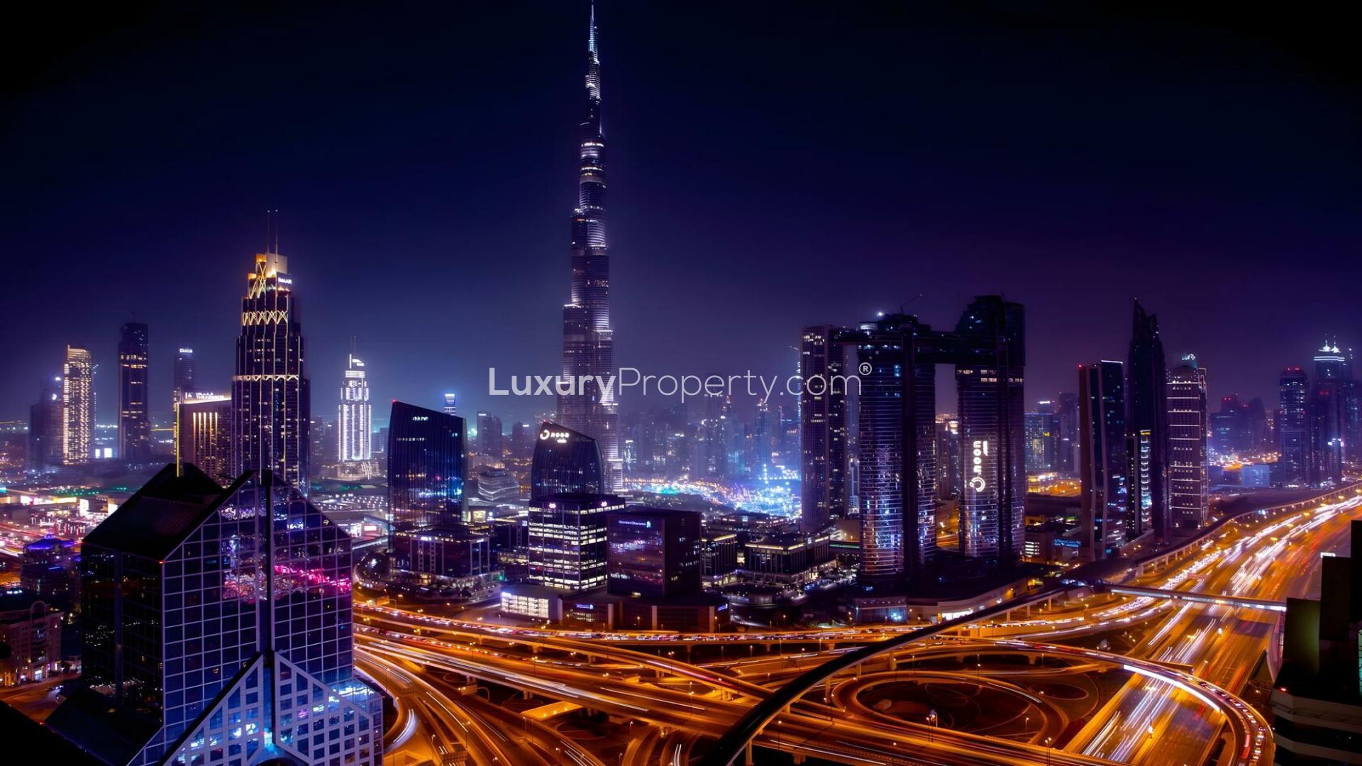 Skyline view with Burj Khalifa and Dubai Fountain near penthouse for sale in Downtown Dubai
