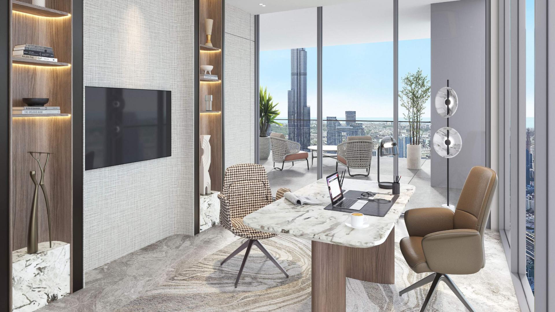 Exterior view of luxury penthouse terrace in Downtown Dubai with skyline and pool