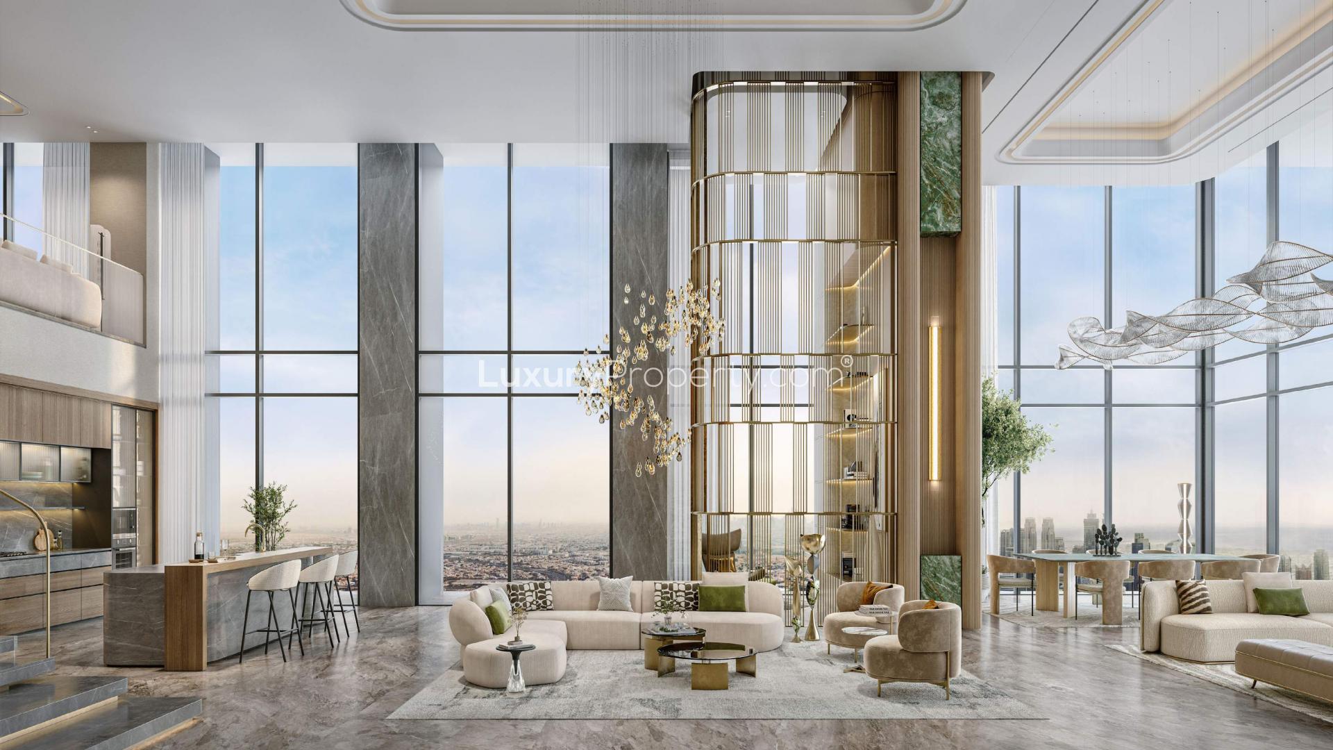 Luxurious penthouse living room with stunning city views in Downtown Dubai