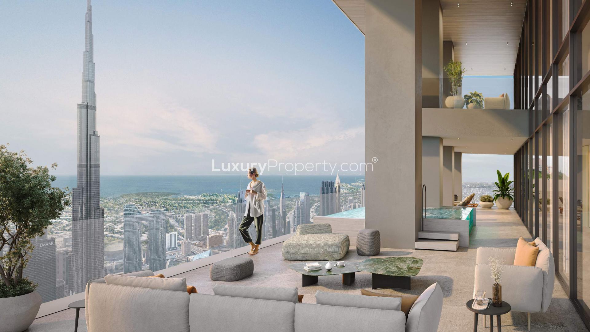 Luxurious open-plan living area in 5-bedroom Downtown Dubai penthouse with city views