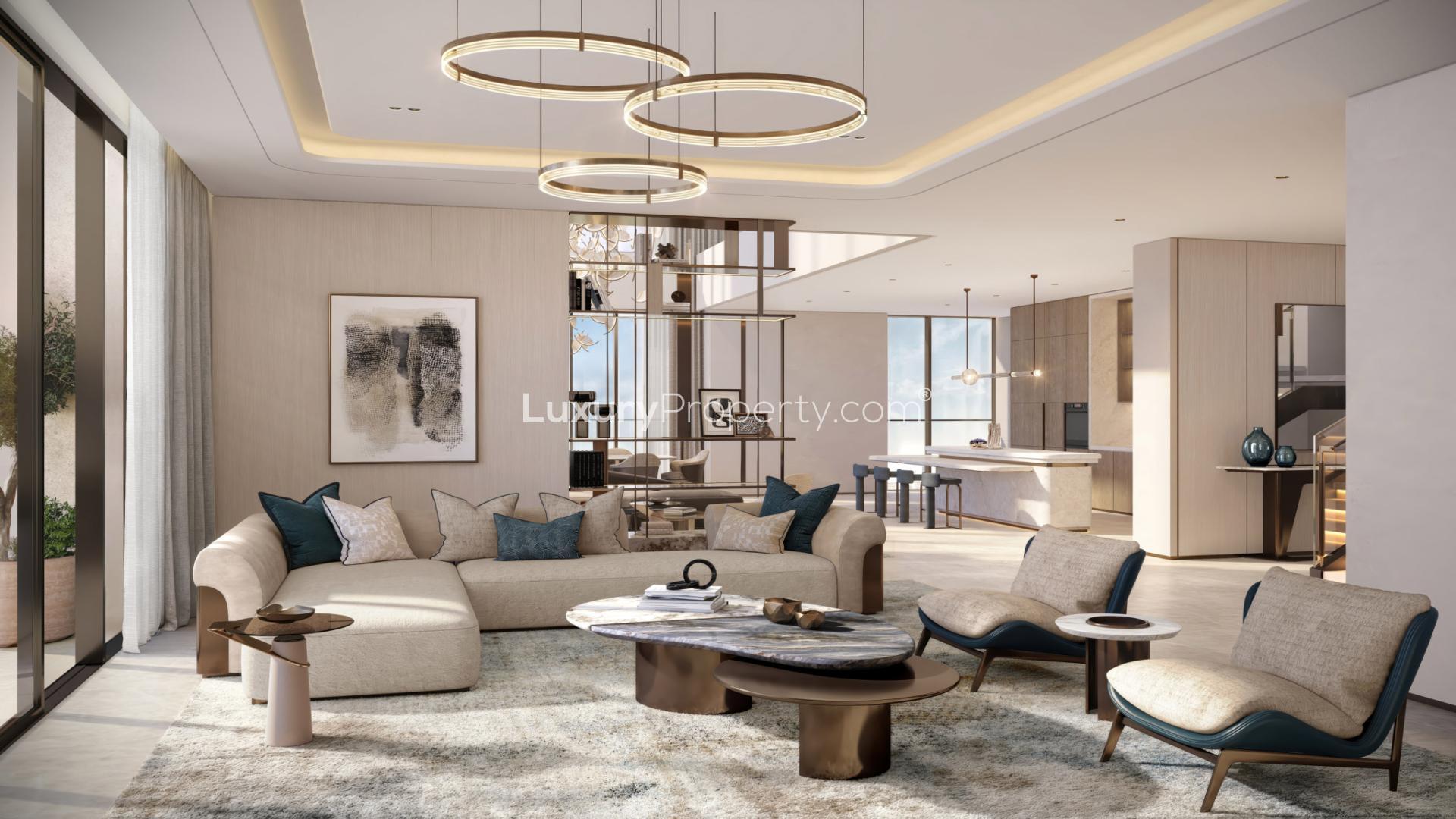 Luxurious penthouse living room with stunning views in Dubai Design District, Atelis community