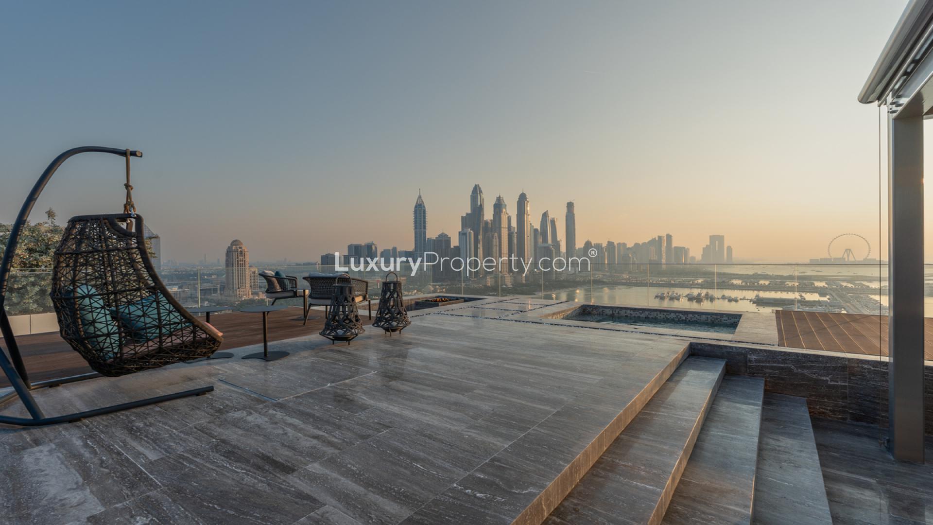 Luxurious living room in One Palm penthouse, Palm Jumeirah, featuring elegant modern design