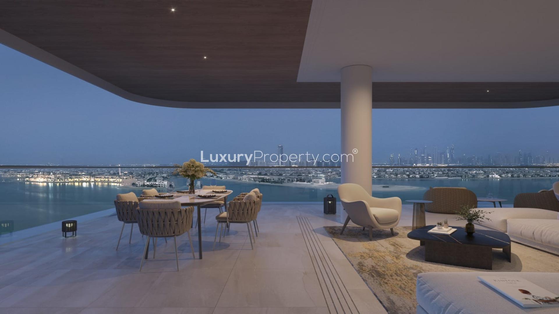 Luxurious living room in Serenia Living penthouse, Palm Jumeirah, with ocean views