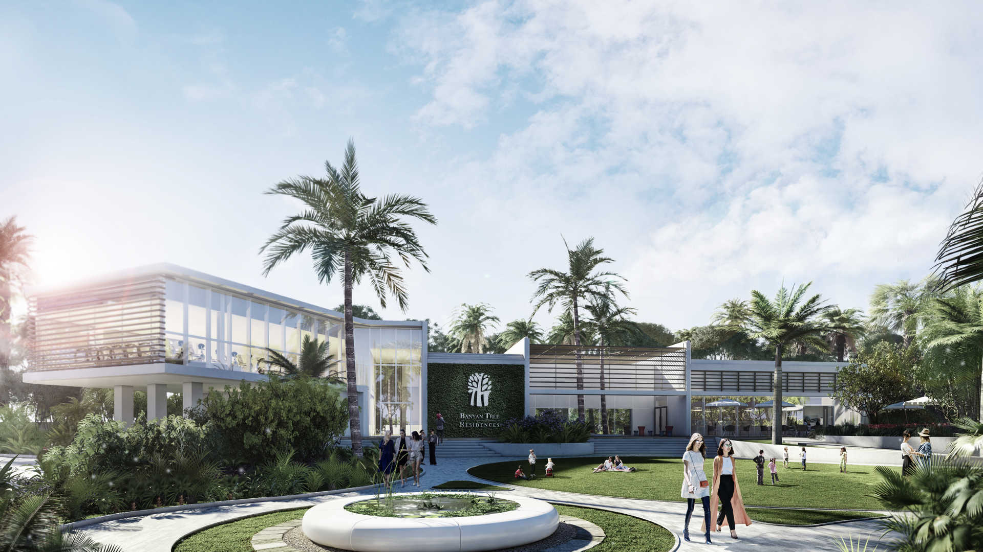 Aerial view of Banyan Tree Residences penthouse, infinity pool, and lush landscaped gardens