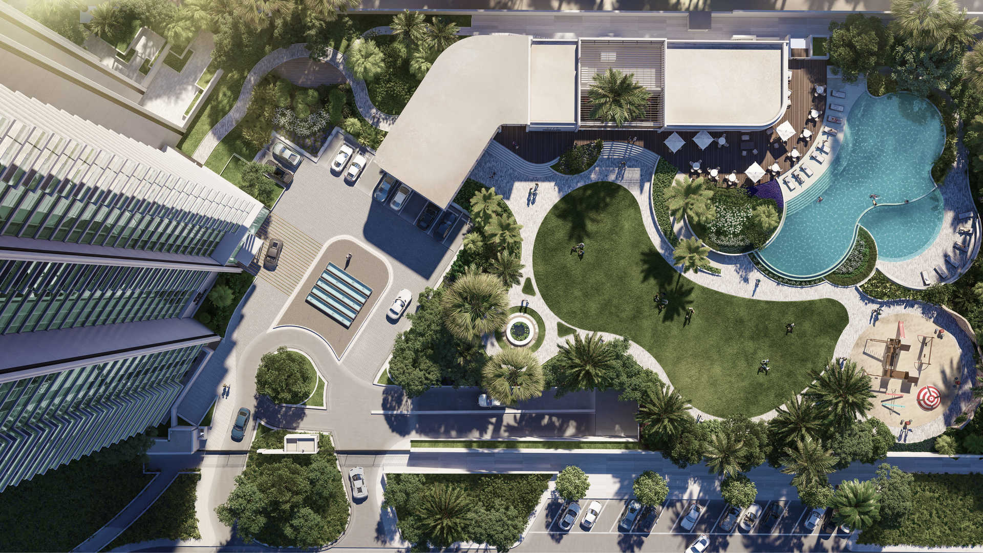 Infinity pool with sun loungers at Banyan Tree Residences, Hillside Dubai penthouse for sale