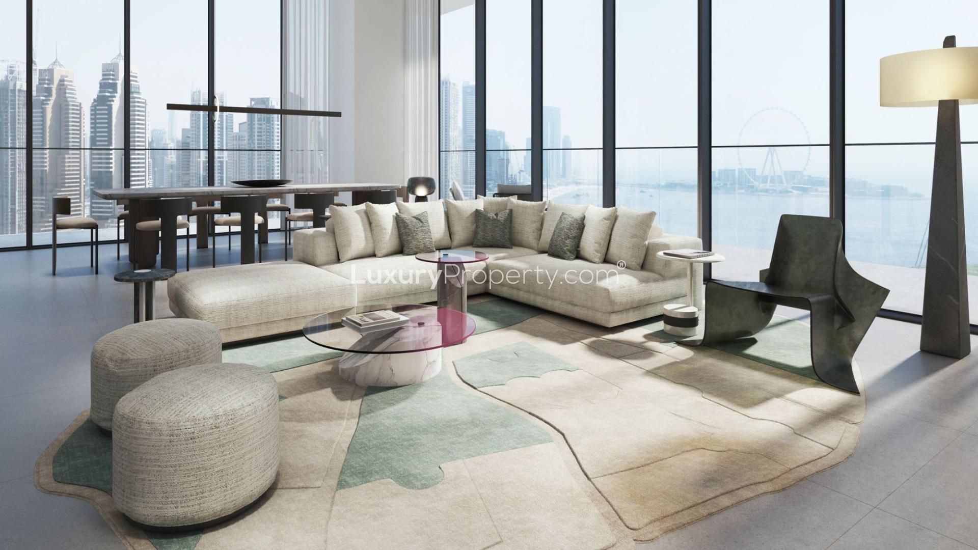 Luxurious Dubai Harbour penthouse living area with modern decor and stunning skyline views