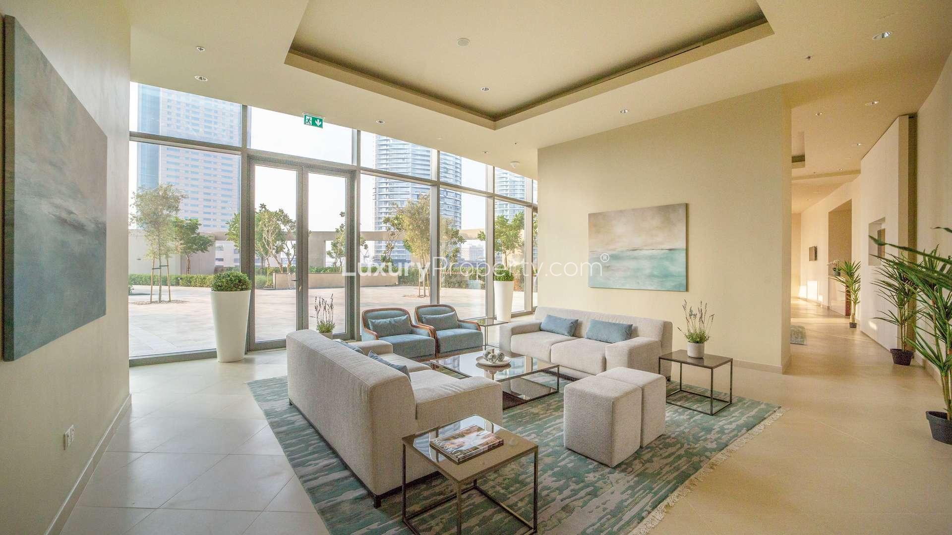 Triplex penthouse view at Burj Vista, Downtown Dubai, featuring iconic skyscrapers and lush greenery