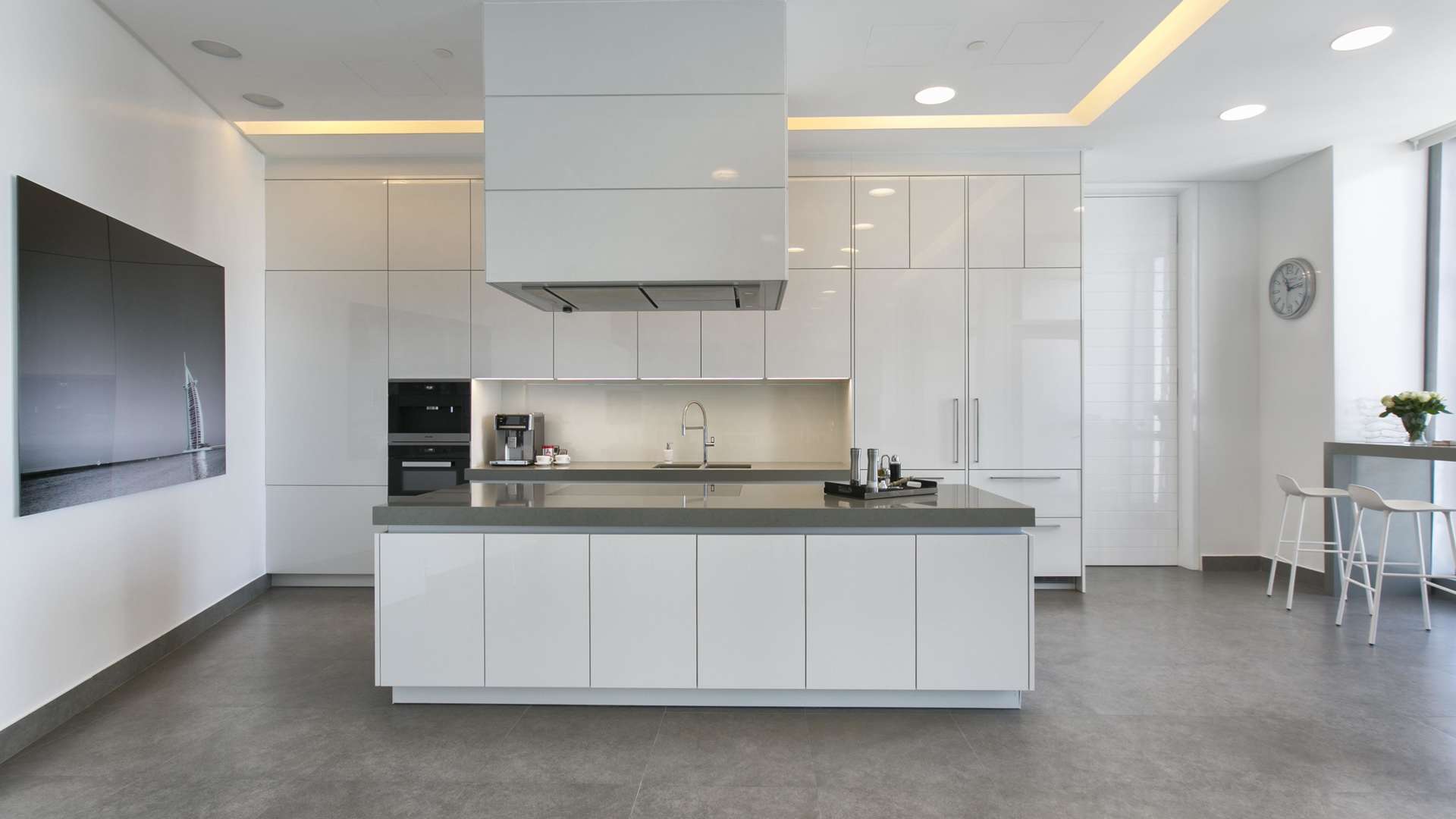 Modern kitchen in 5-bedroom penthouse, Cayan Tower, Dubai Marina, featuring sleek design elements