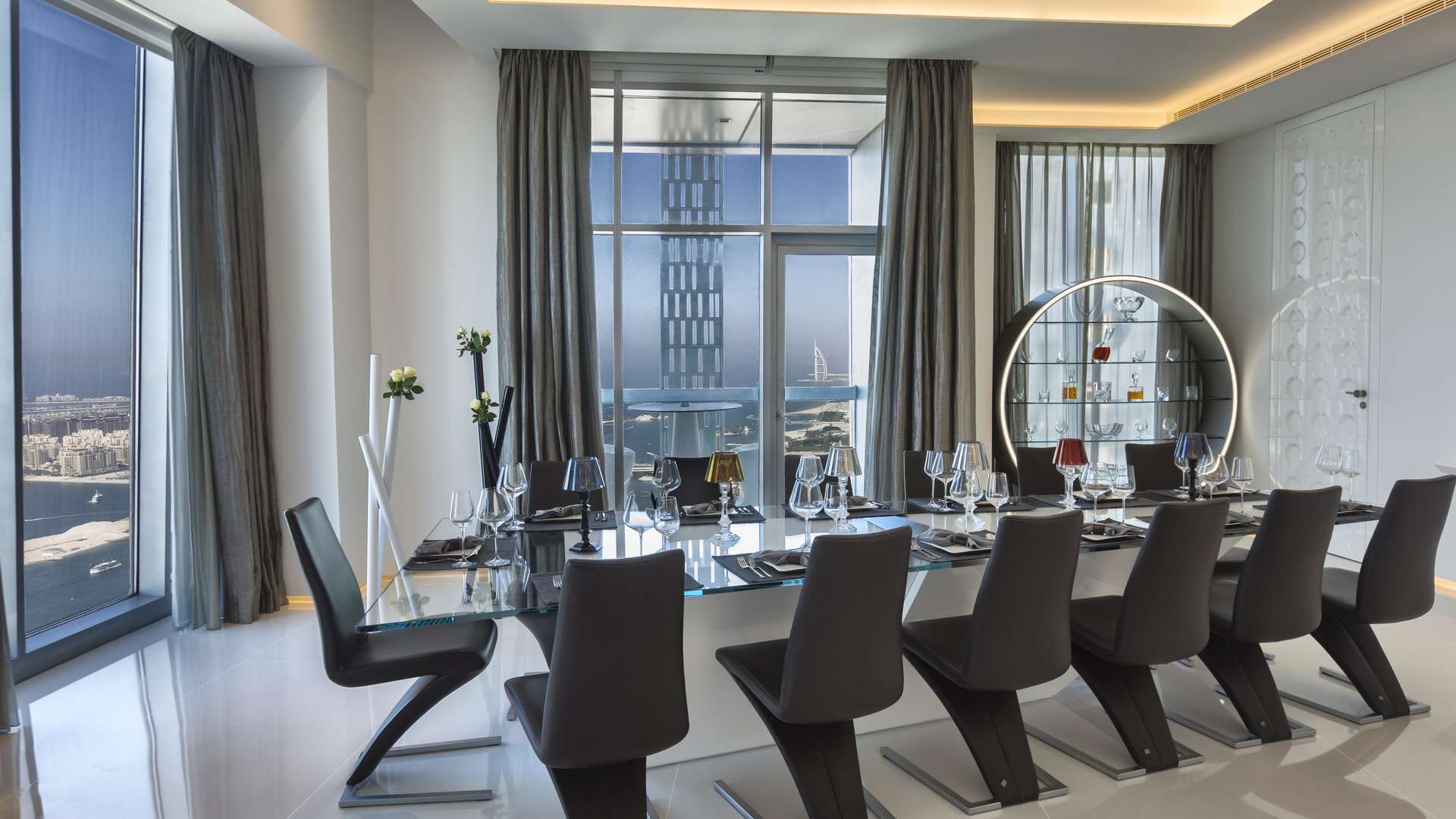 Luxurious living room in 5-bedroom penthouse, Cayan Tower, Dubai Marina, modern decor