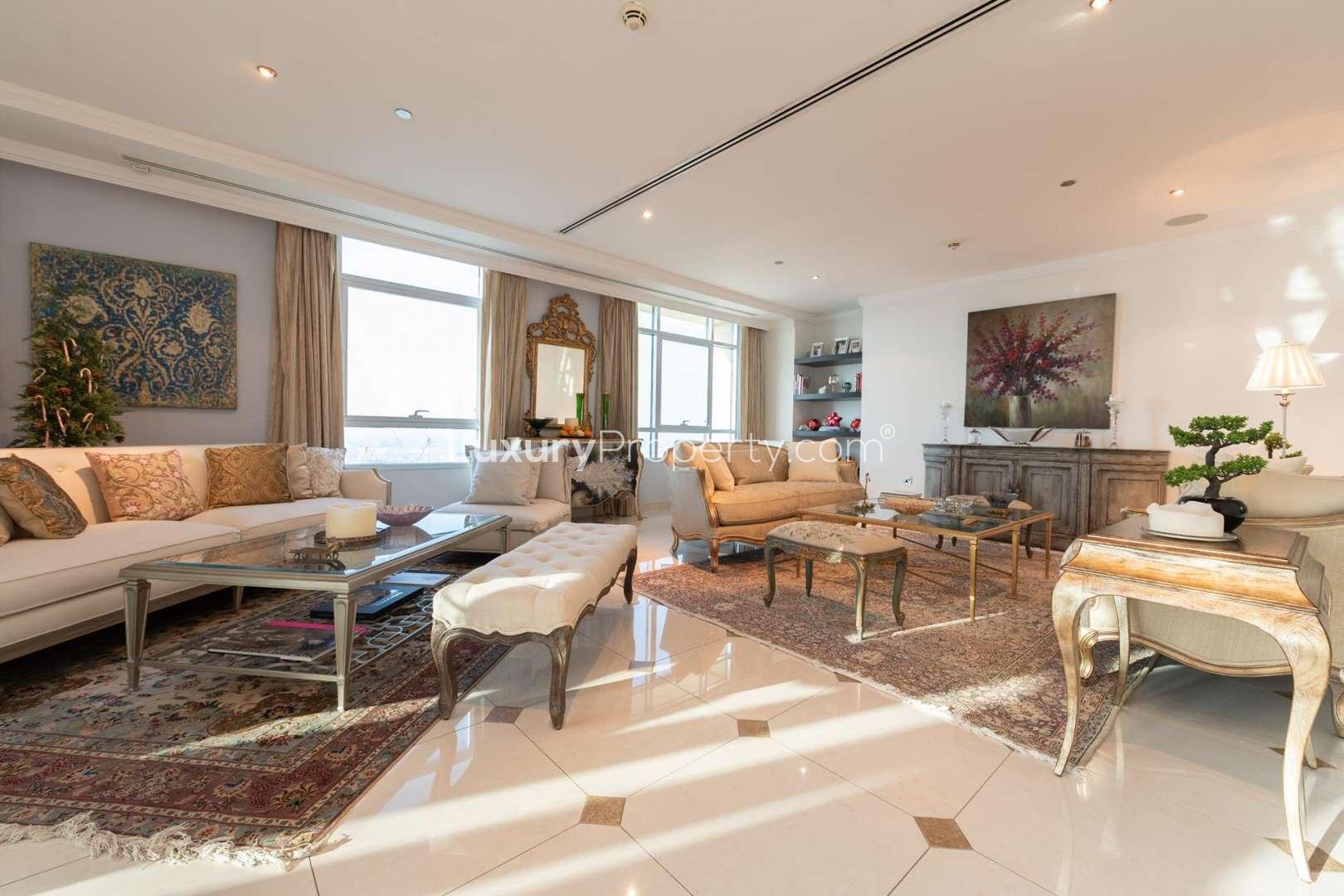 N/A,Luxurious living room in 6-bedroom penthouse, Marina Crown, Dubai Marina, elegant furnishings
