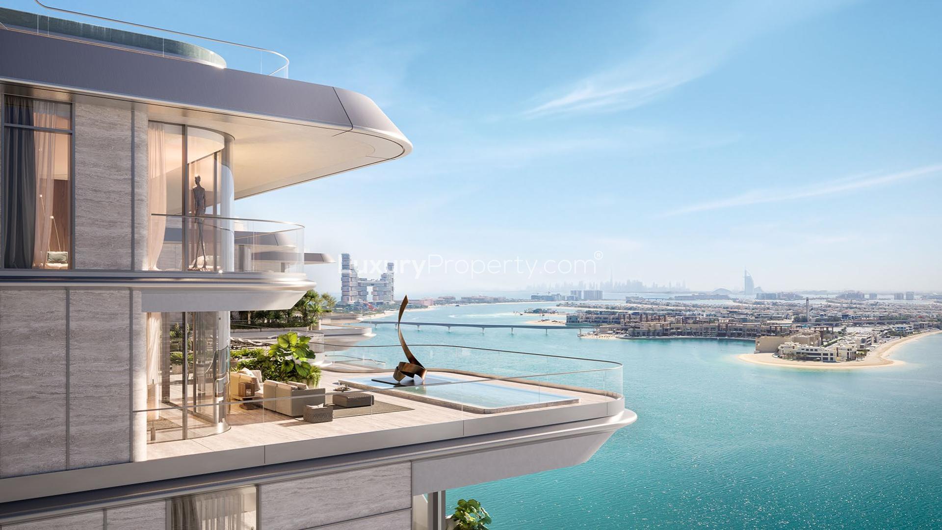 Luxurious penthouse living room with city skyline view at ORLA, Palm Jumeirah Dubai