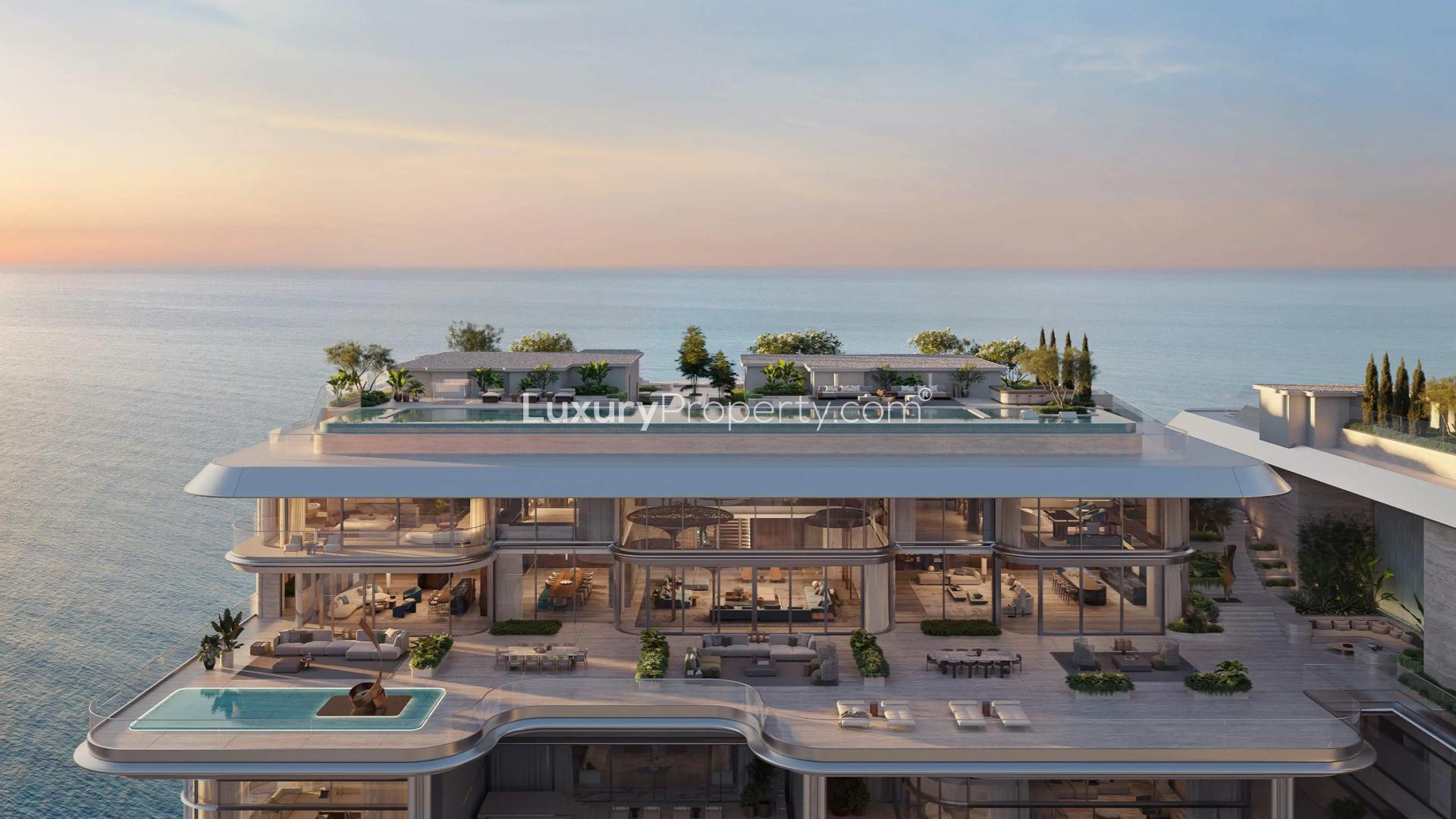 Luxurious living room in ORLA Dorchester Collection penthouse, Palm Jumeirah, Dubai skyline view