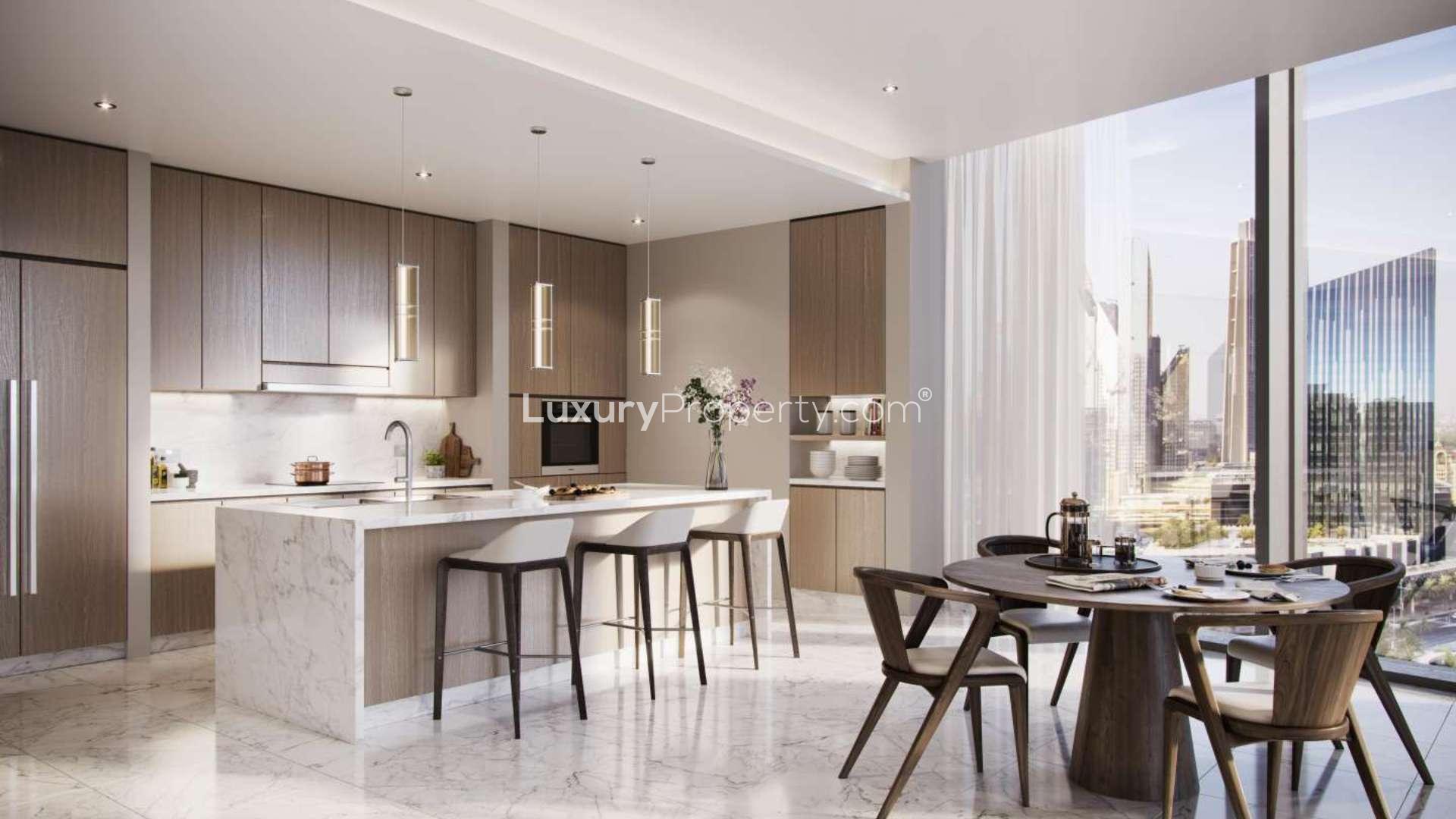Modern kitchen in full-floor penthouse, marble countertops, Downtown Dubai, Opera District, for sale
