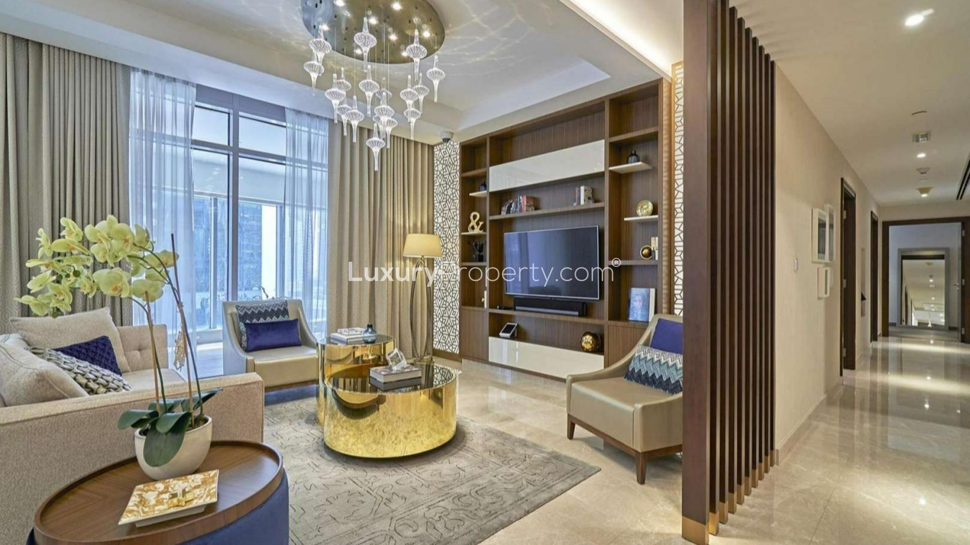 Penthouse corridor with floor-to-ceiling windows, view of Downtown Dubai skyline and Burj Khalifa