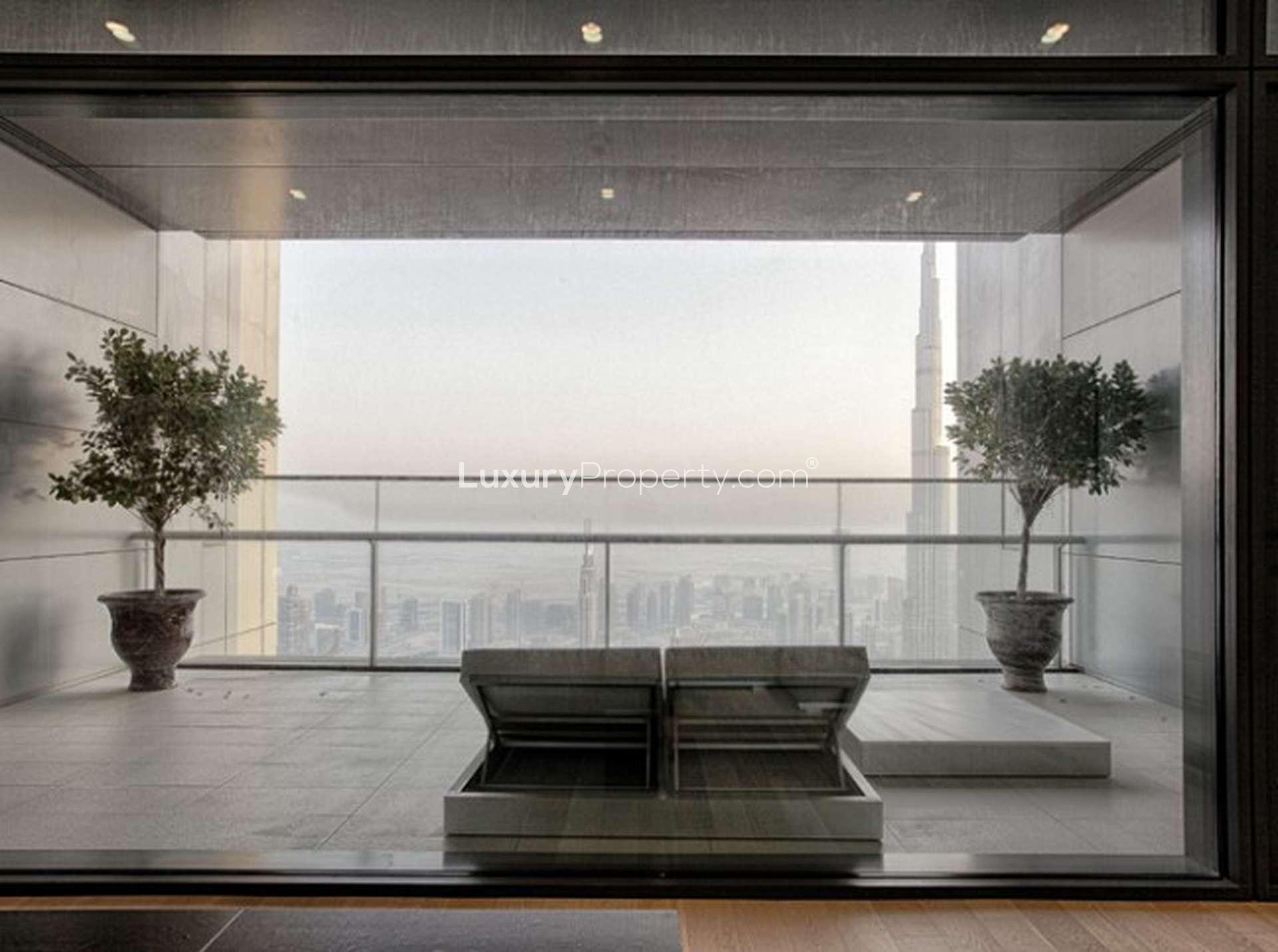 Luxurious penthouse balcony view in Index Tower, DIFC, featuring skyline and Burj Khalifa