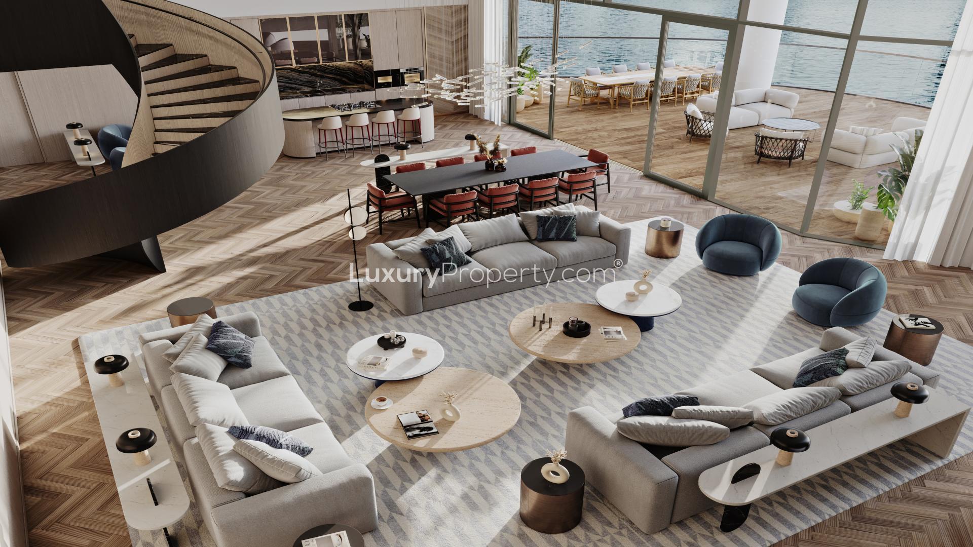 Luxurious penthouse living area with modern design and city skyline view in Business Bay