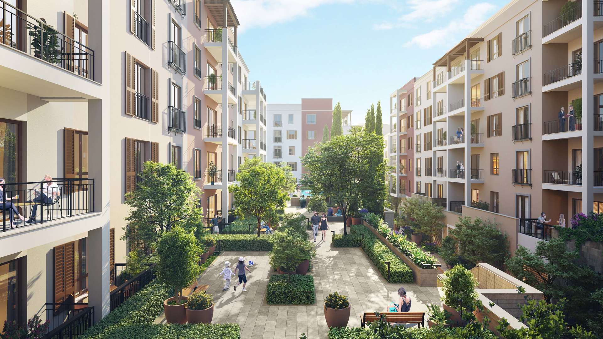 Community courtyard near luxury penthouse at La Rive, Port de La Mer, Jumeirah