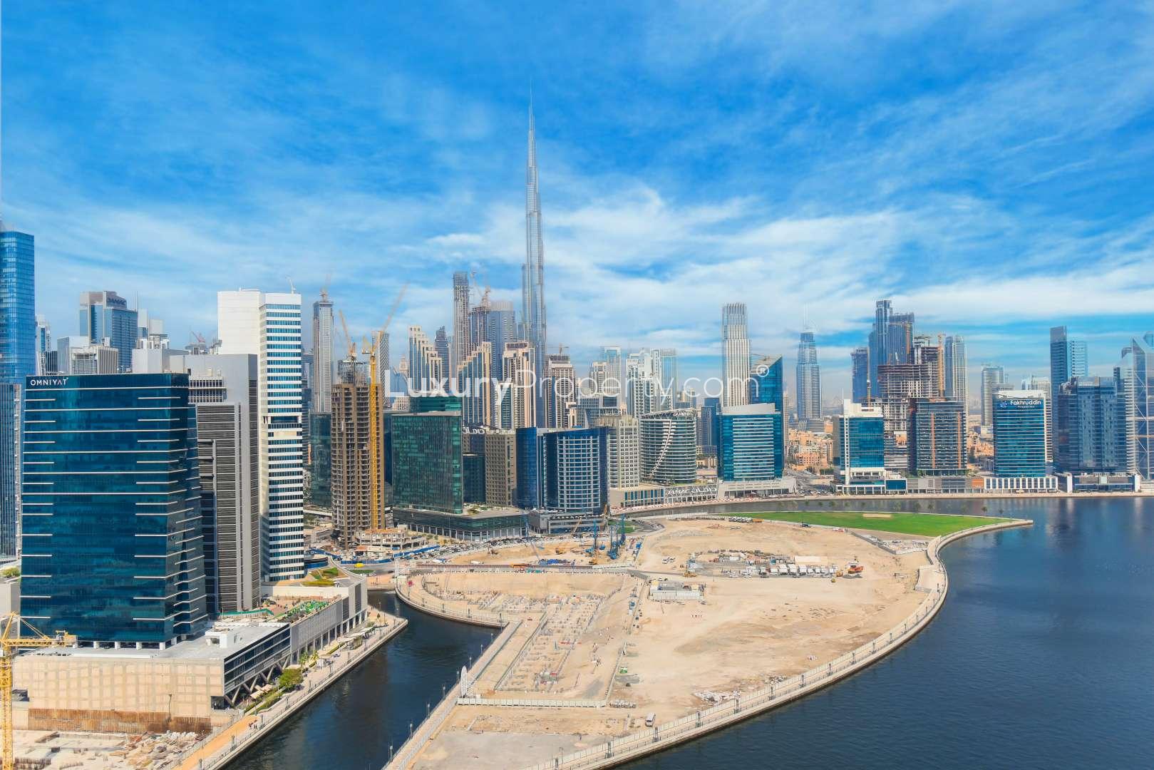 Unfinished penthouse interior with staircase, open layout in The Atria, Business Bay