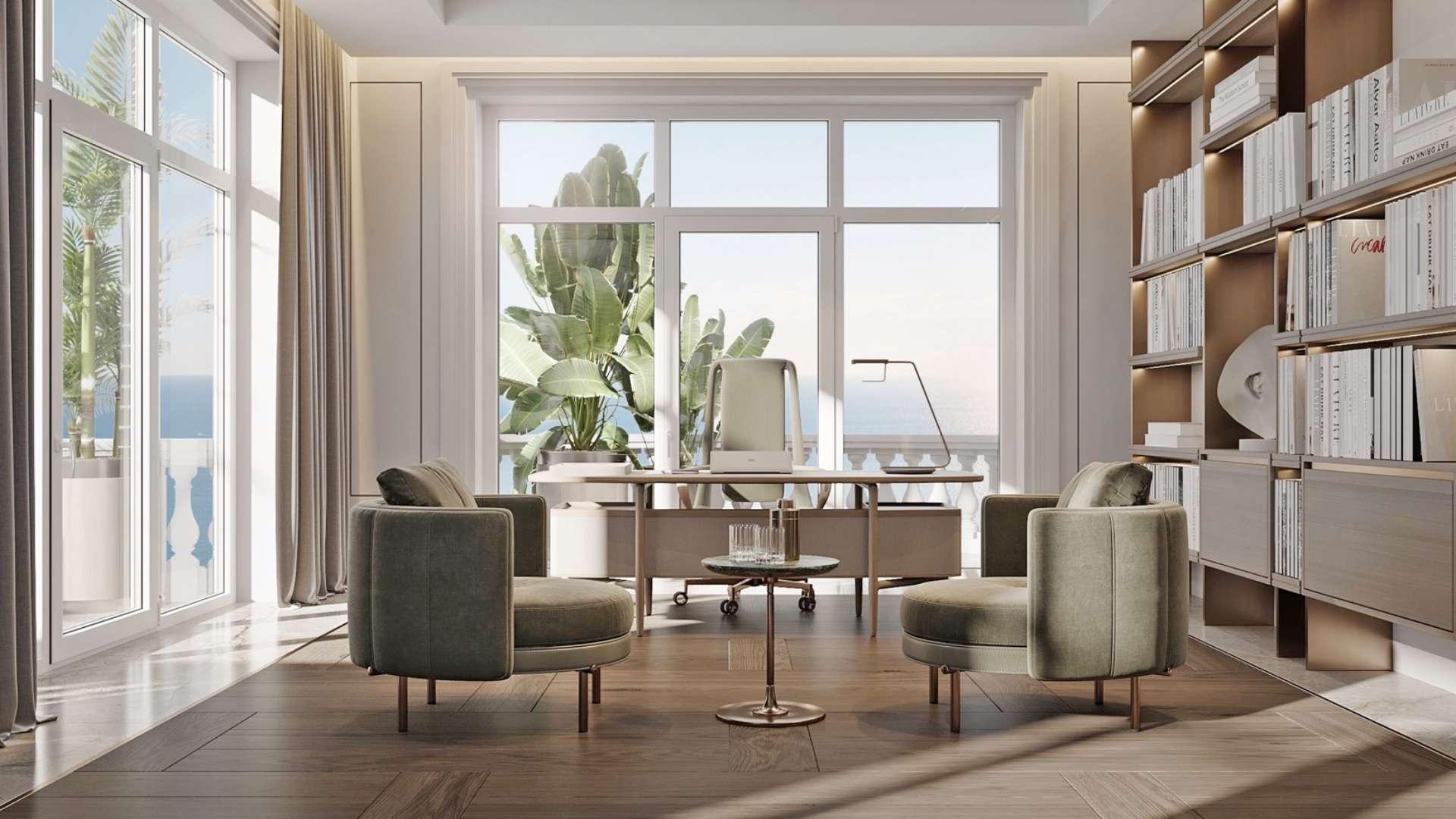 Luxurious triplex penthouse interior with elegant sculpture at Raffles, Palm Jumeirah, for sale