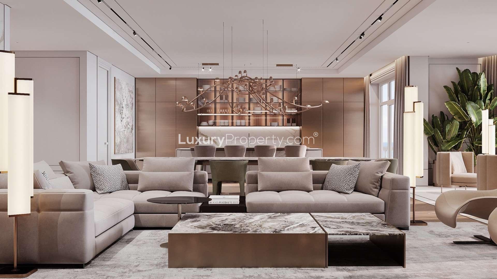 Luxurious living room in Raffles the Palm triplex penthouse, Palm Jumeirah for sale