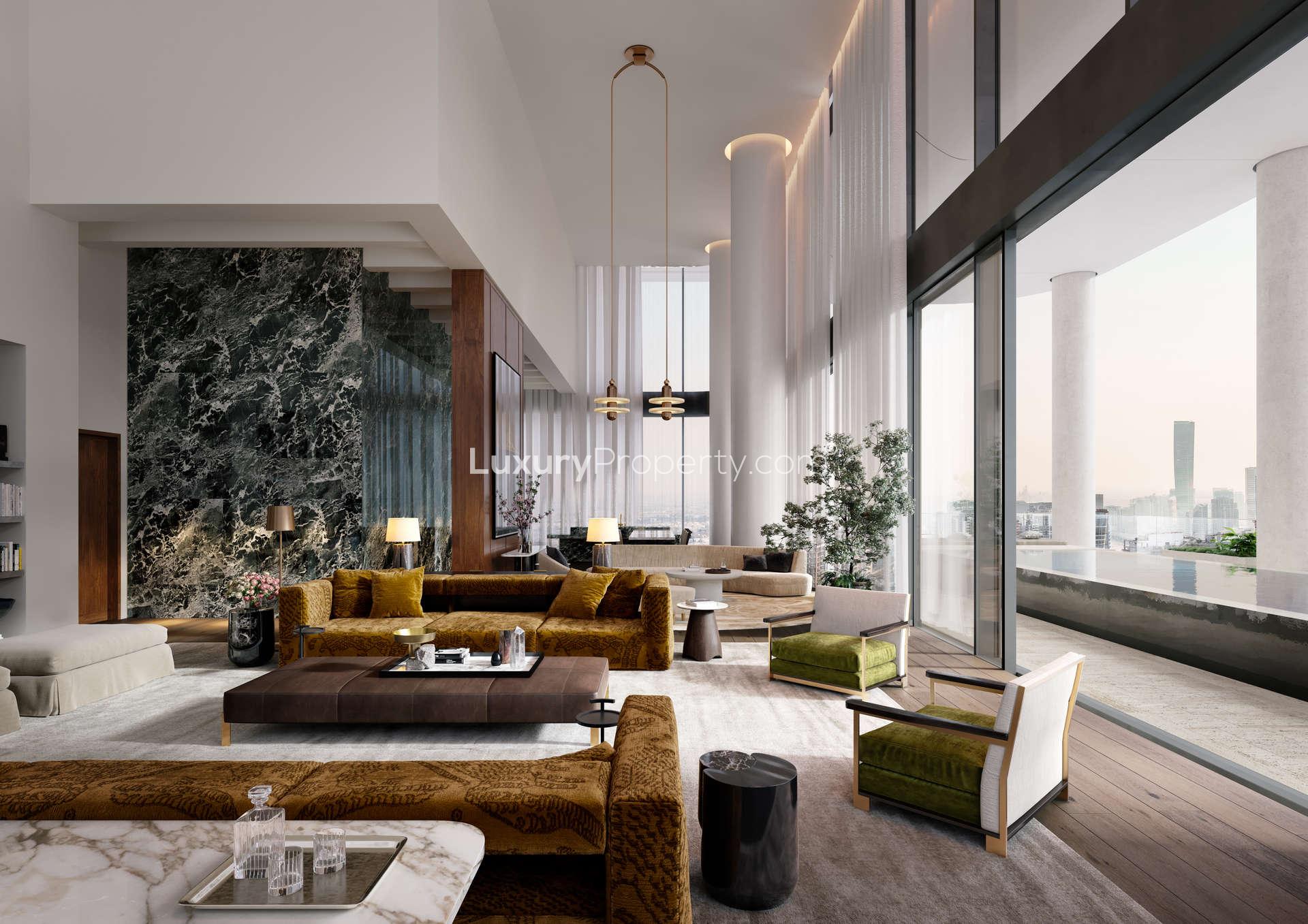 Luxurious living room in triplex penthouse, Dorchester Collection, Business Bay, Dubai, stunning views
