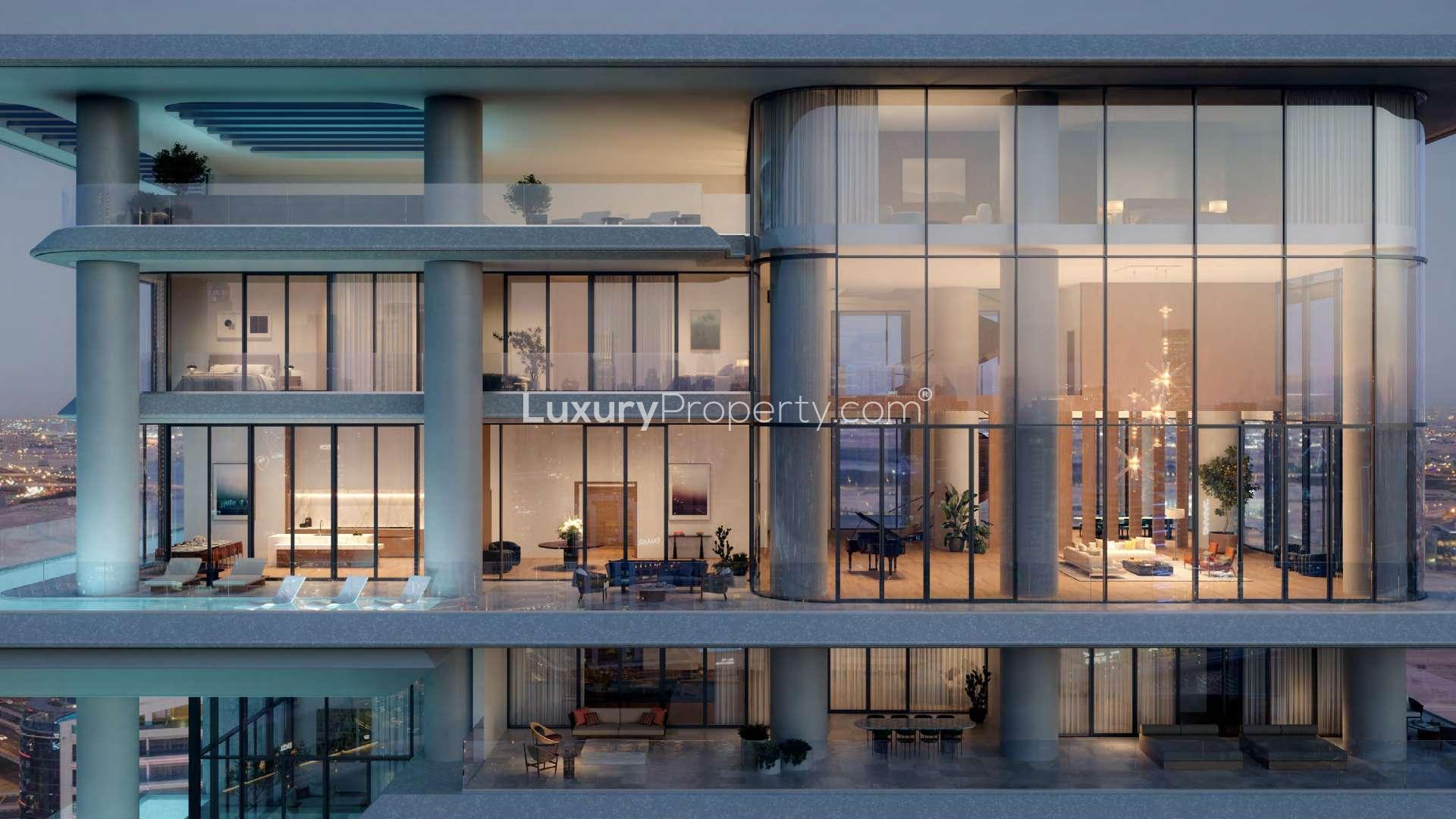 Luxurious living room in high-floor penthouse, Vela Residence, Business Bay skyline view