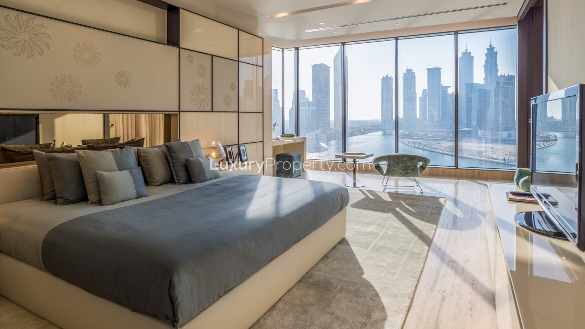 Luxurious living room in five-bedroom penthouse, Volante Tower, Business Bay, featuring elegant decor