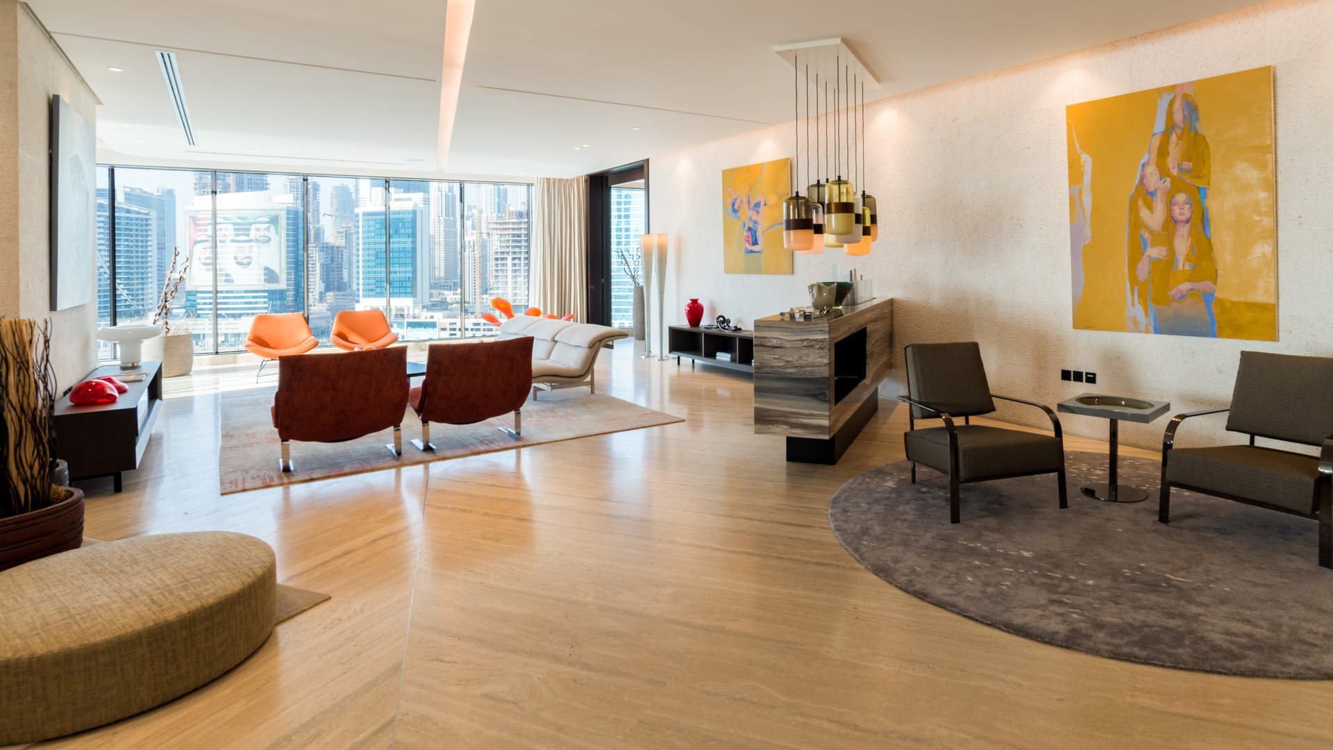 Penthouse terrace with stunning canal and Burj Khalifa views at sunset in Business Bay