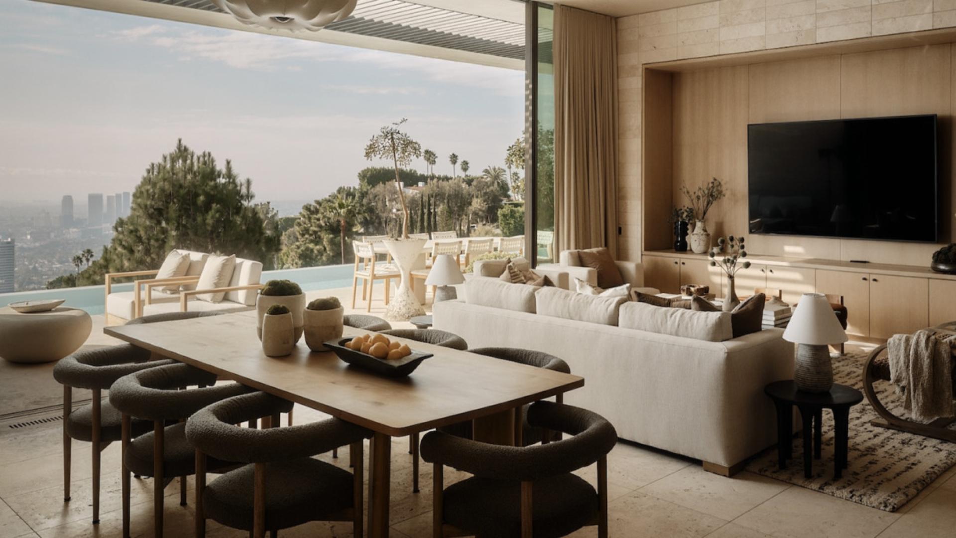 Luxurious modern kitchen in West Hollywood estate, featuring sleek cabinetry and stylish lighting