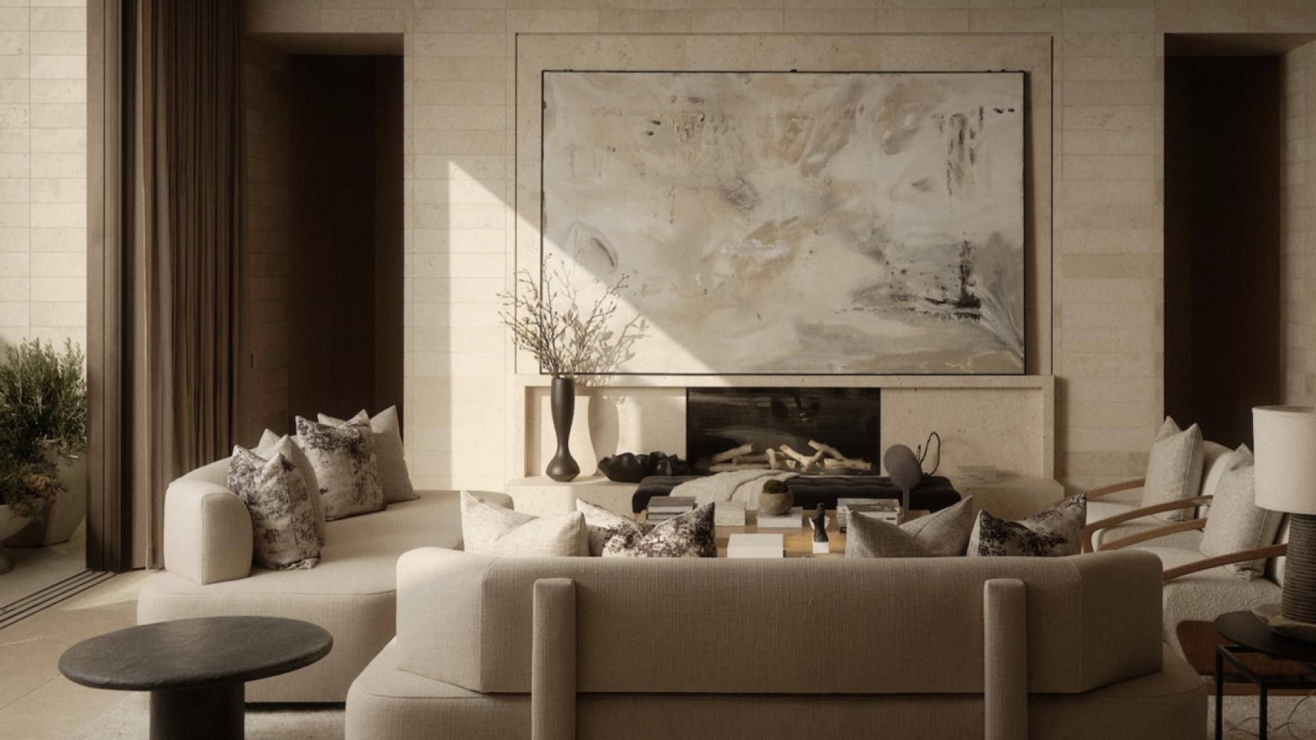 Luxurious West Hollywood estate patio with fire pit and city views at sunset