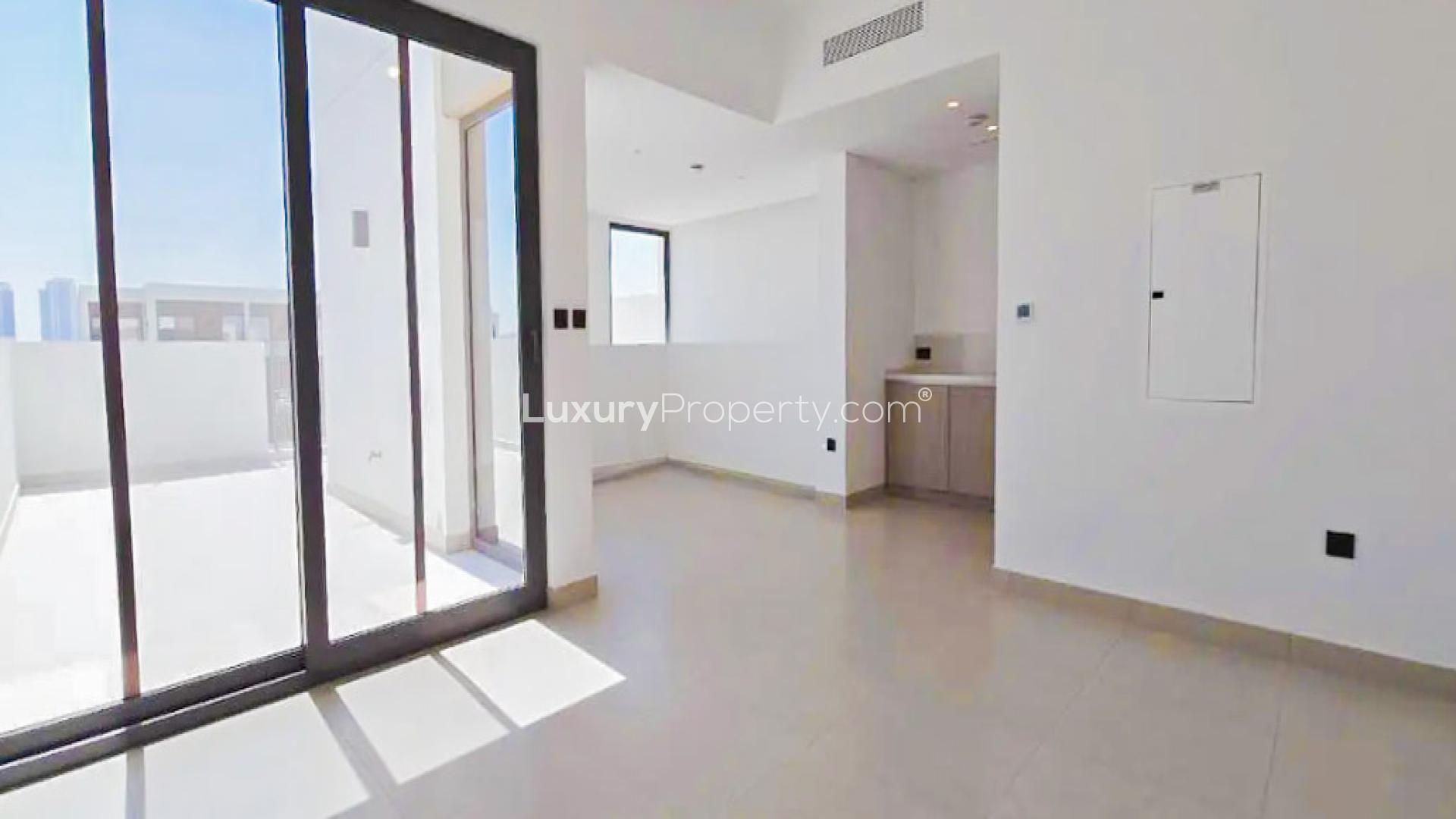 Modern townhouse terrace in Aura, Tilal Al Ghaf, available for rent