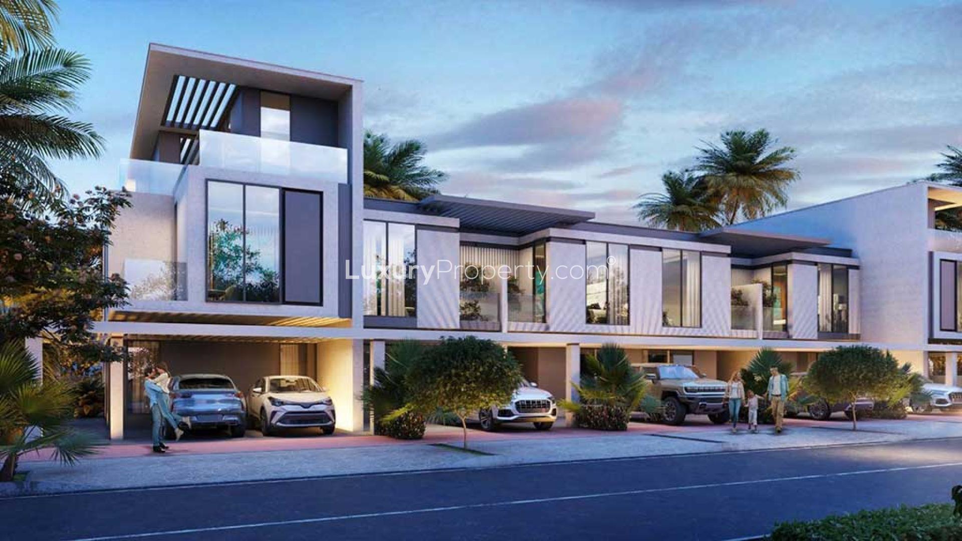 Modern living room in 5-bedroom townhouse, Damac Sun City, Dubai Land, with garden view