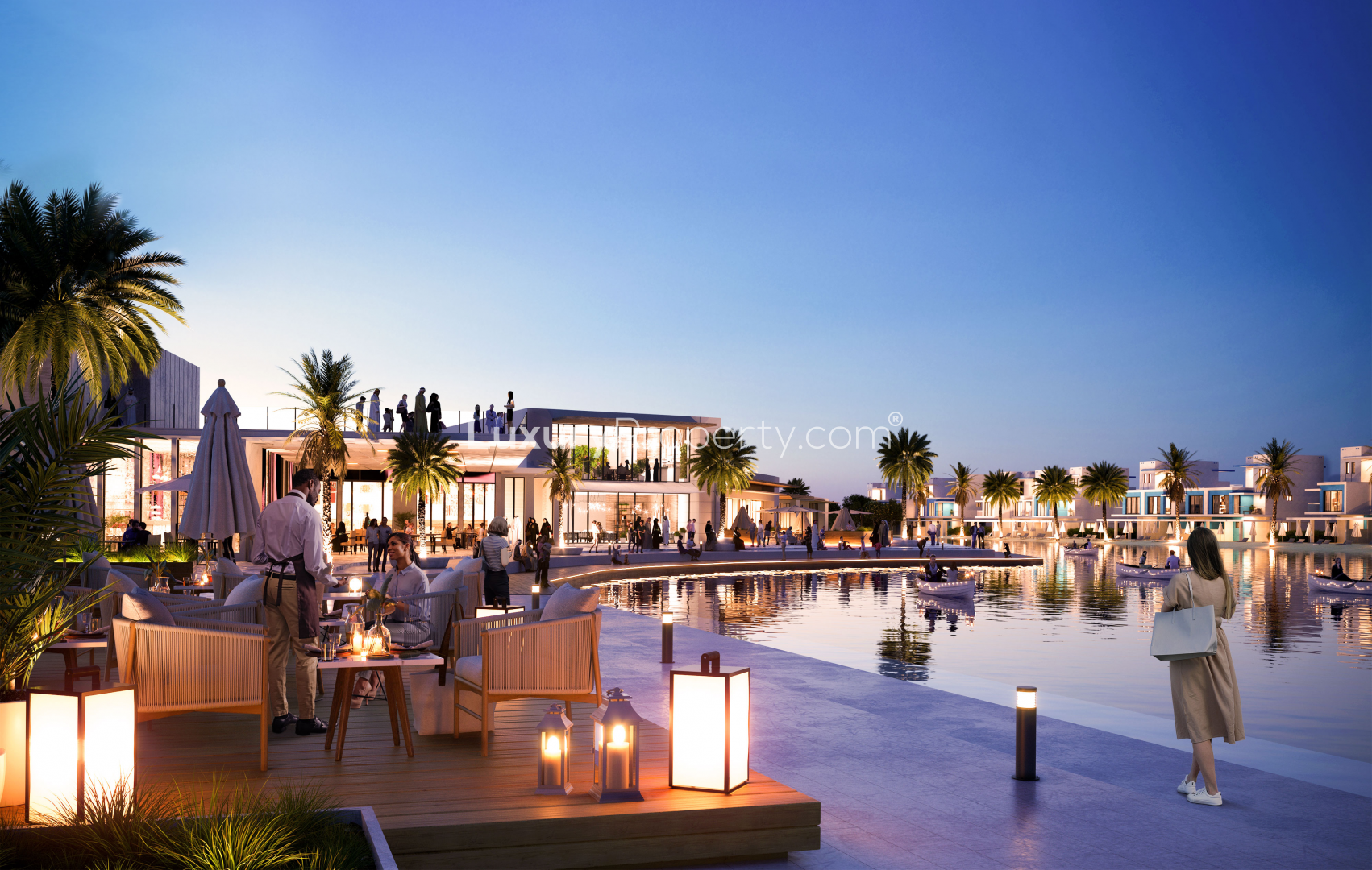 Luxury townhouses with lagoon view in Damac Lagoons, featuring palm trees and relaxing ambiance
