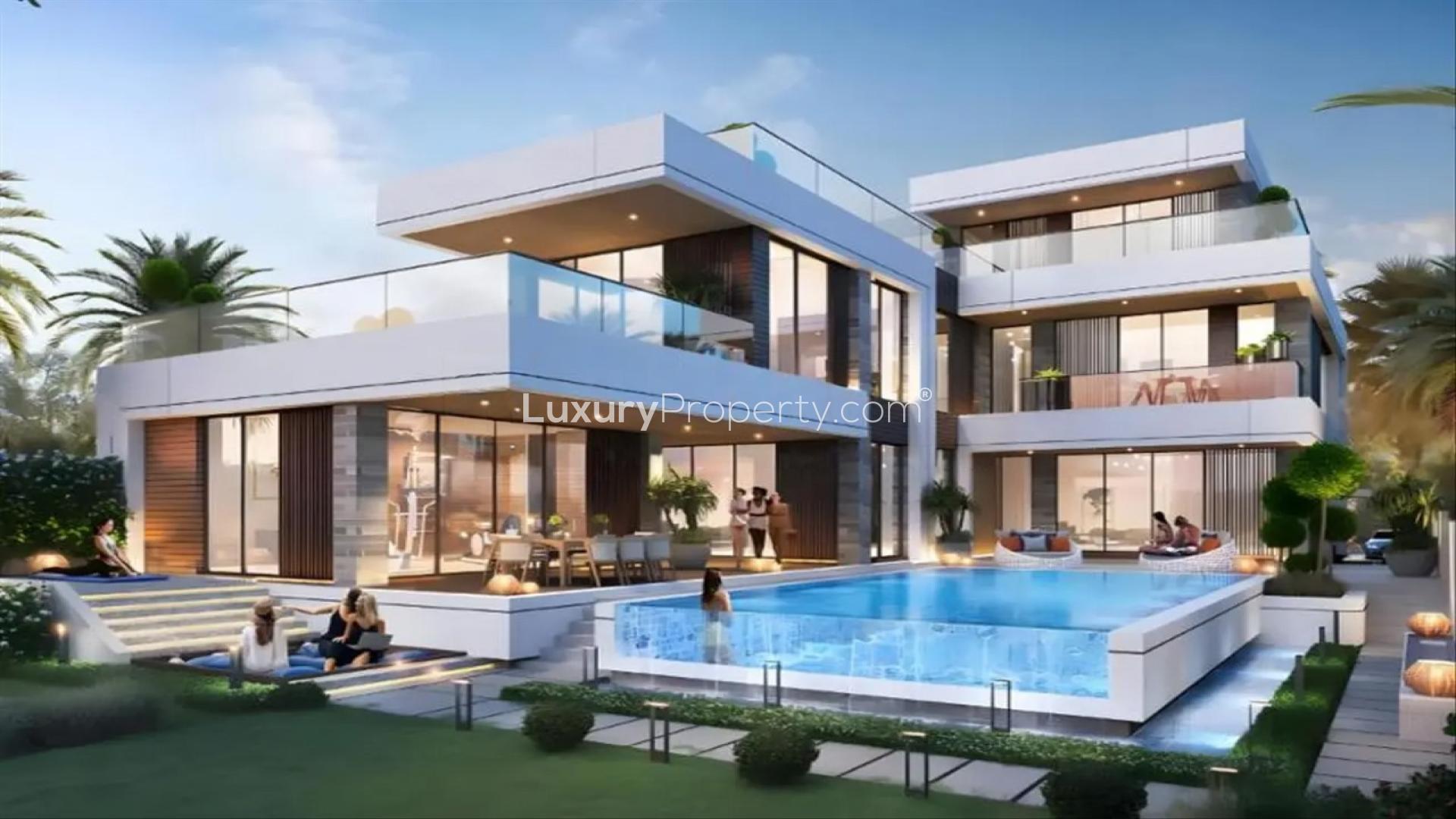 5-bedroom townhouse exterior in Damac Lagoons, Morocco by Damac, with modern design and landscaping