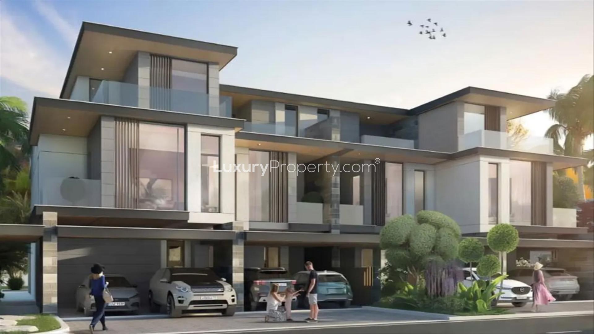 Modern Mediterranean-style townhouse exterior in DAMAC Lagoons, Morocco Phase 2 community