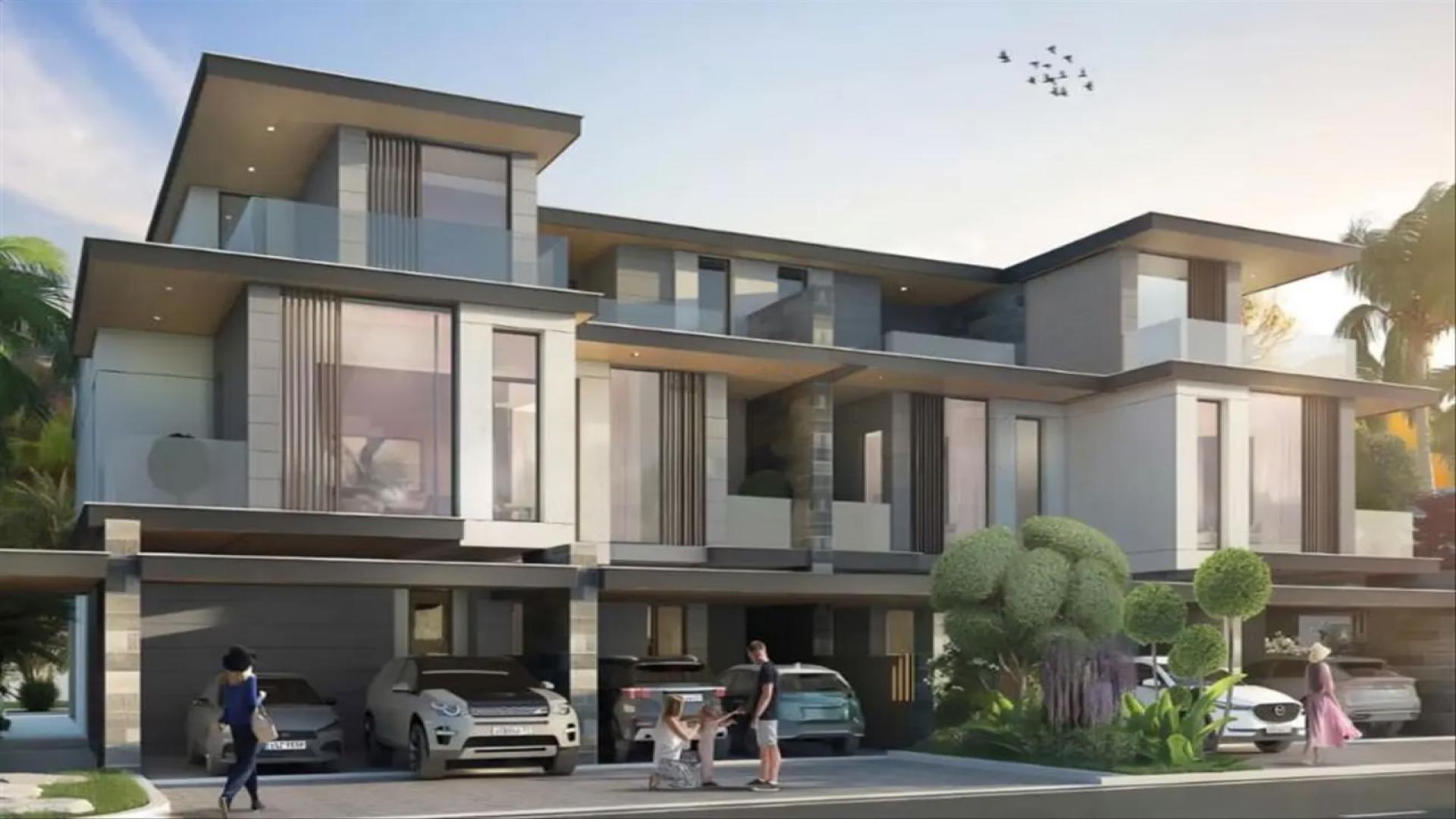 Modern Mediterranean-style townhouse exterior in DAMAC Lagoons, Morocco Phase 2 community