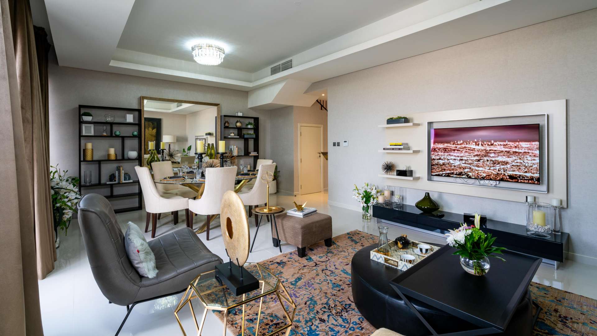 Luxurious living room in 5-bedroom townhouse, Akoya Oxygen, Dubai, with modern decor and furnishings