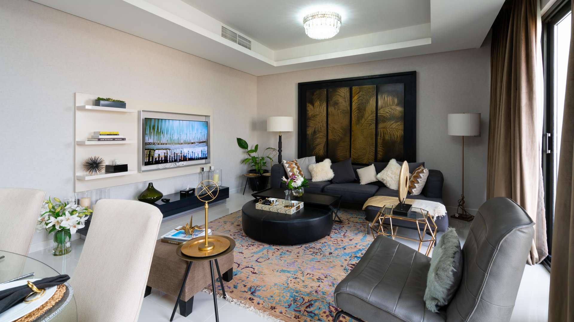 Modern living room in spacious 5-bedroom townhouse, Damac Hills 2, Primrose, Akoya community