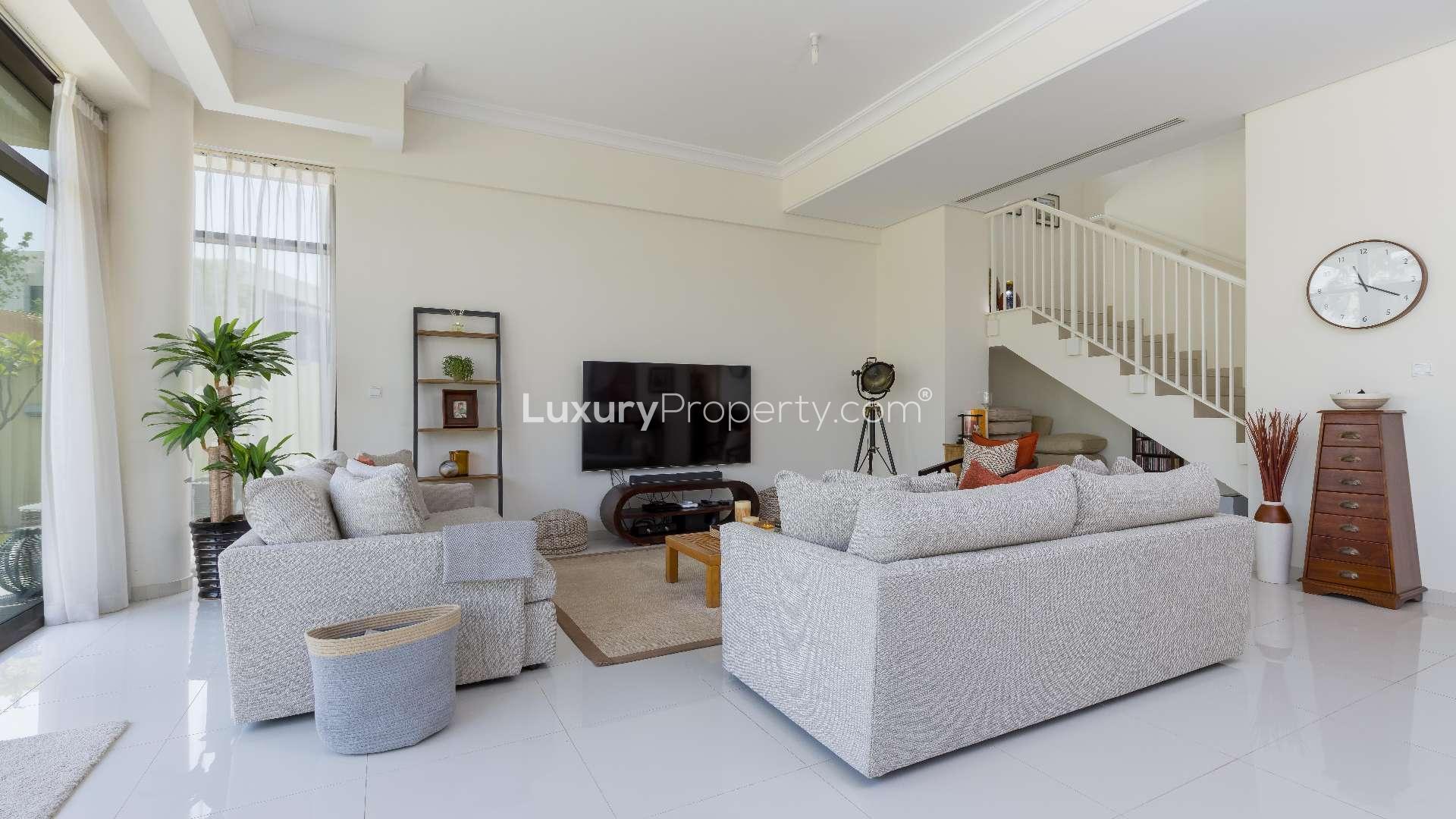 Luxury 5-bedroom villa exterior in Rochester, Damac Hills, available for rent