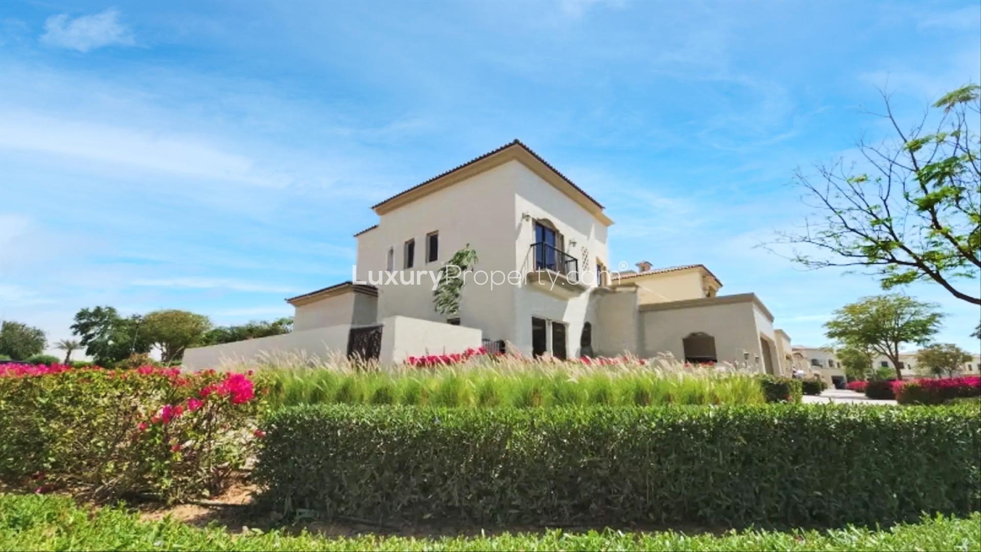 Spacious living area with large windows in Aseel villa, Arabian Ranches for rent