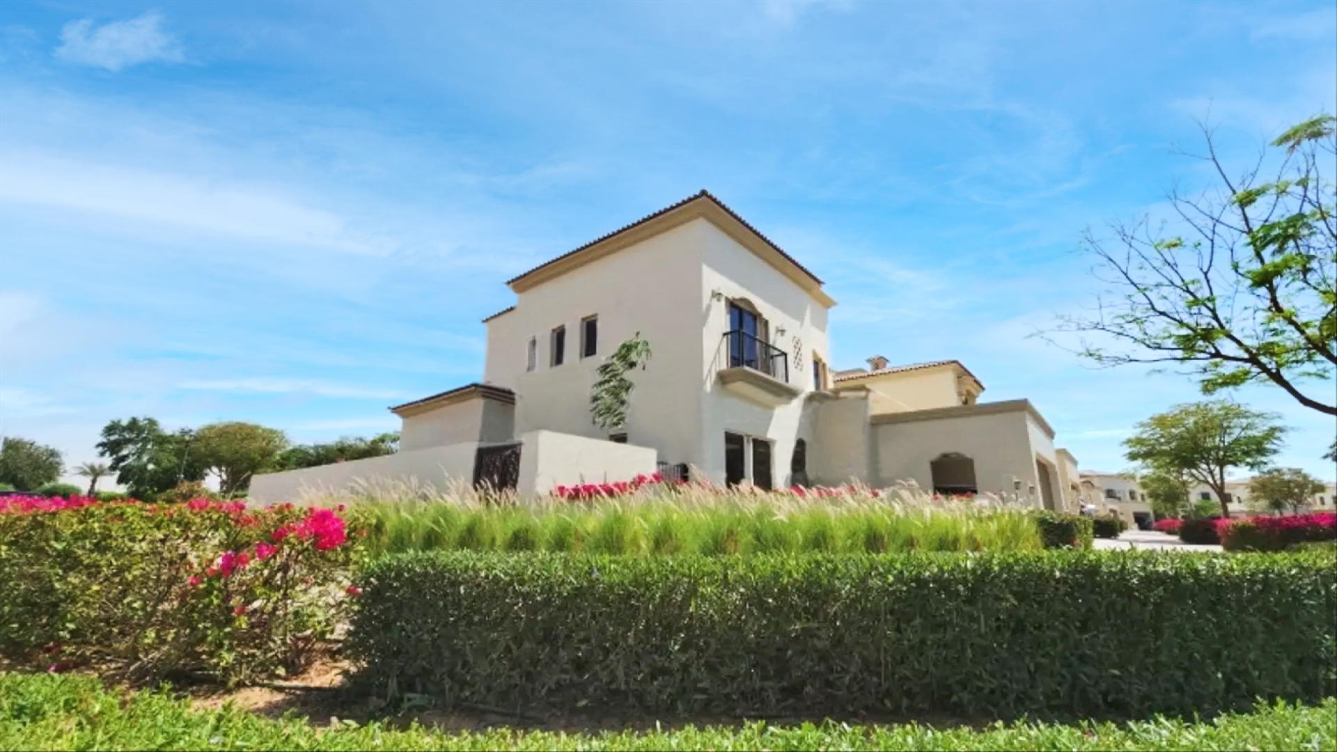 Spacious living area with large windows in Aseel villa, Arabian Ranches for rent