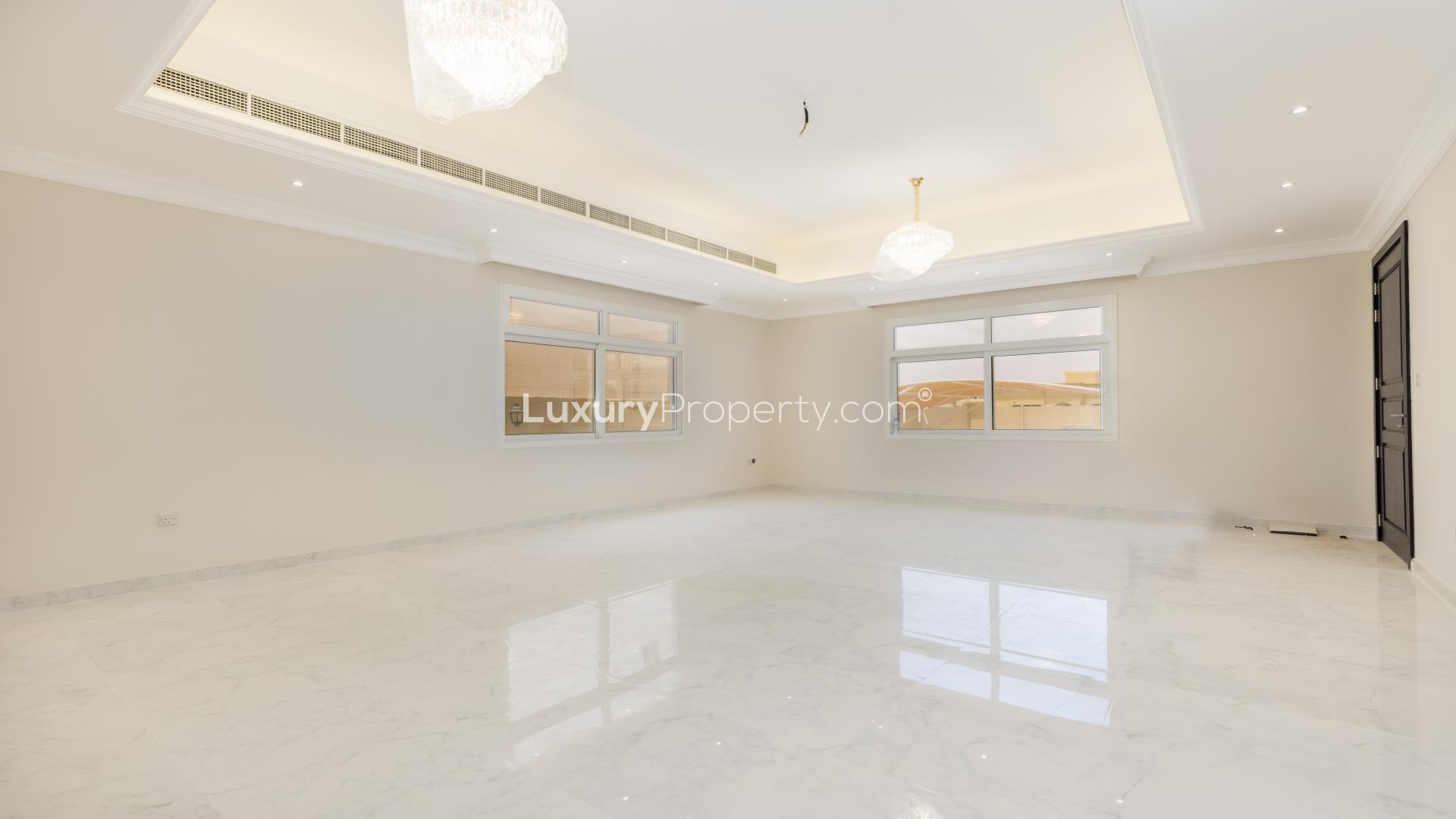 Brand new 5-bedroom villa exterior with spacious driveway in Al Barsha 2, for rent