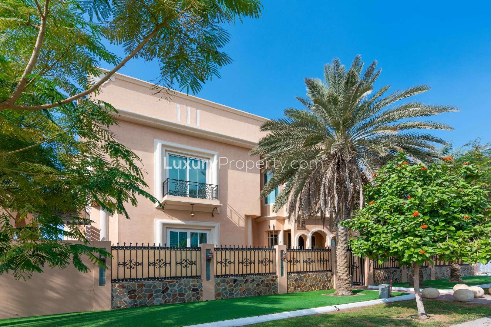 Mediterranean villa courtyard with outdoor seating in Al Sufouh 1, Dubai