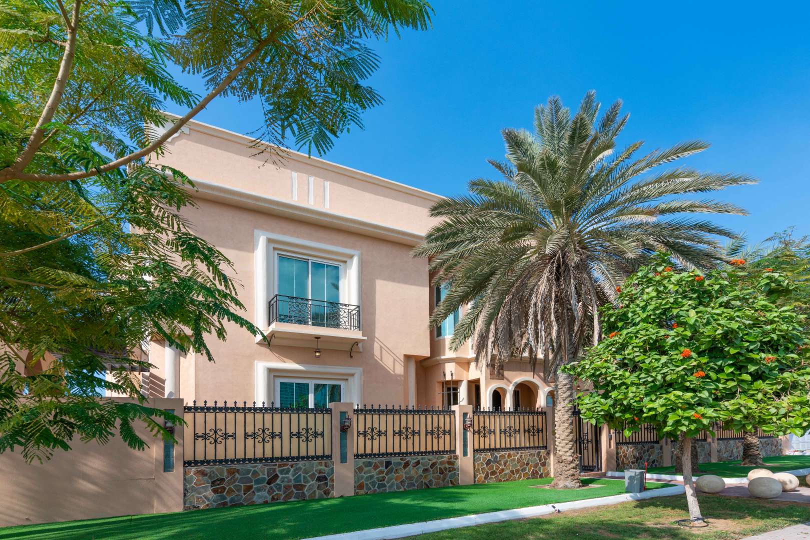 Mediterranean villa courtyard with outdoor seating in Al Sufouh 1, Dubai