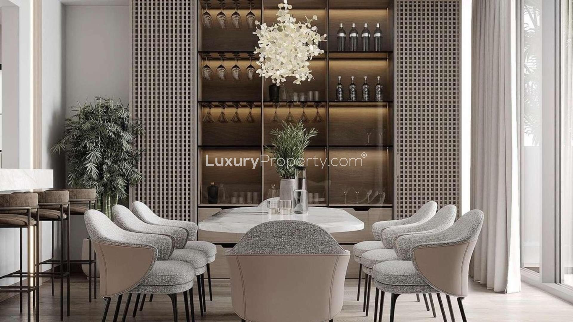 Luxury kitchen and dining area in elegant 5-bed lakeview villa, Jumeirah Islands