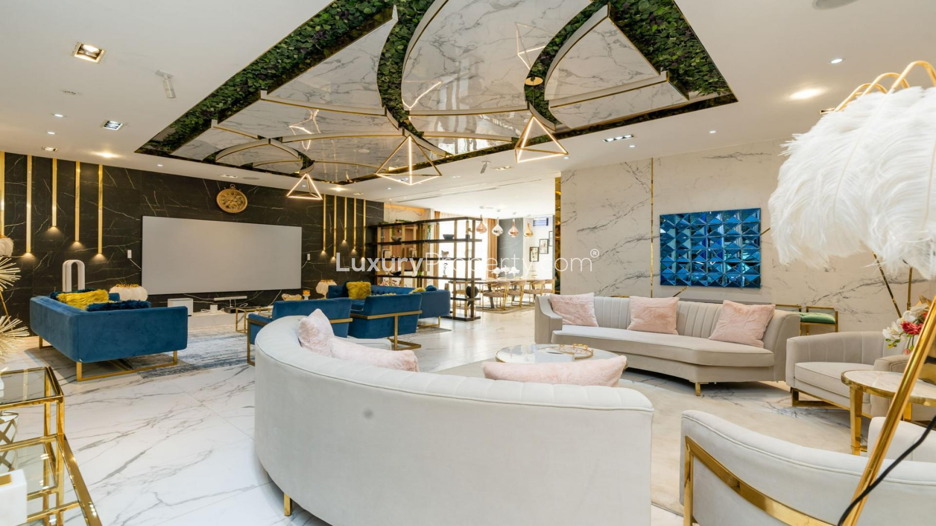 Luxurious living room in Whitefield Villa, Damac Hills with elegant decor and stylish furnishings