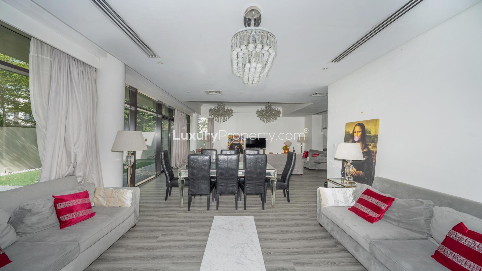 Luxurious living room in fully furnished villa, Brookfield, DAMAC Hills, with elegant decor