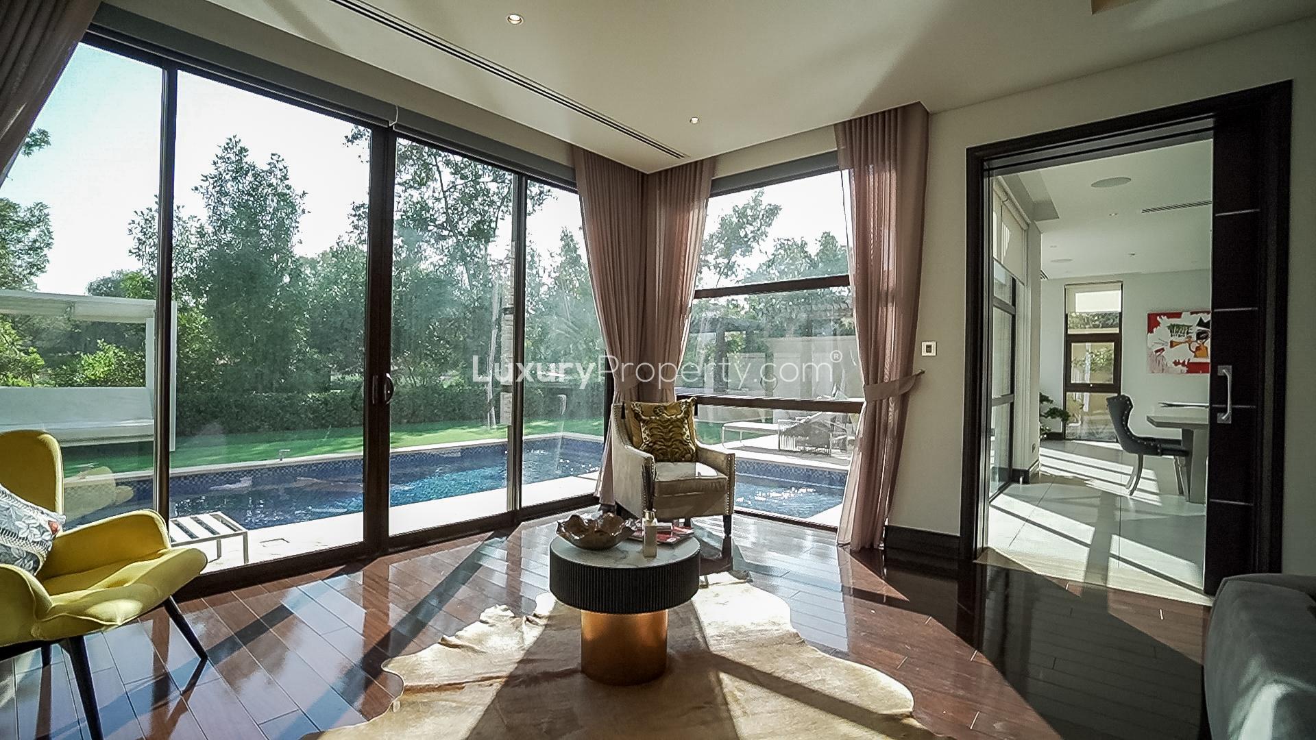 Luxurious 5-bedroom villa exterior in Jumeirah Golf Estates, Earth community, for rent