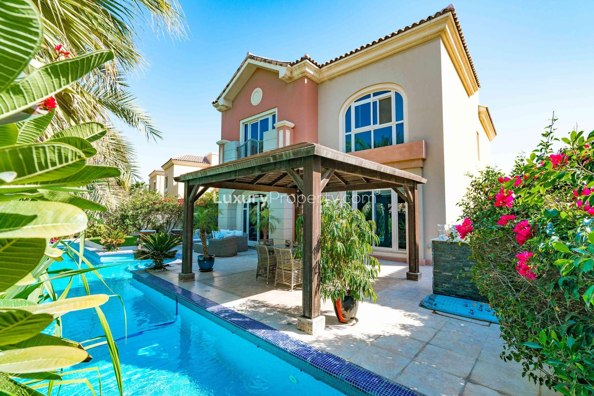 Elegant bathroom with marble countertop in Victory Heights villa, Dubai for rent