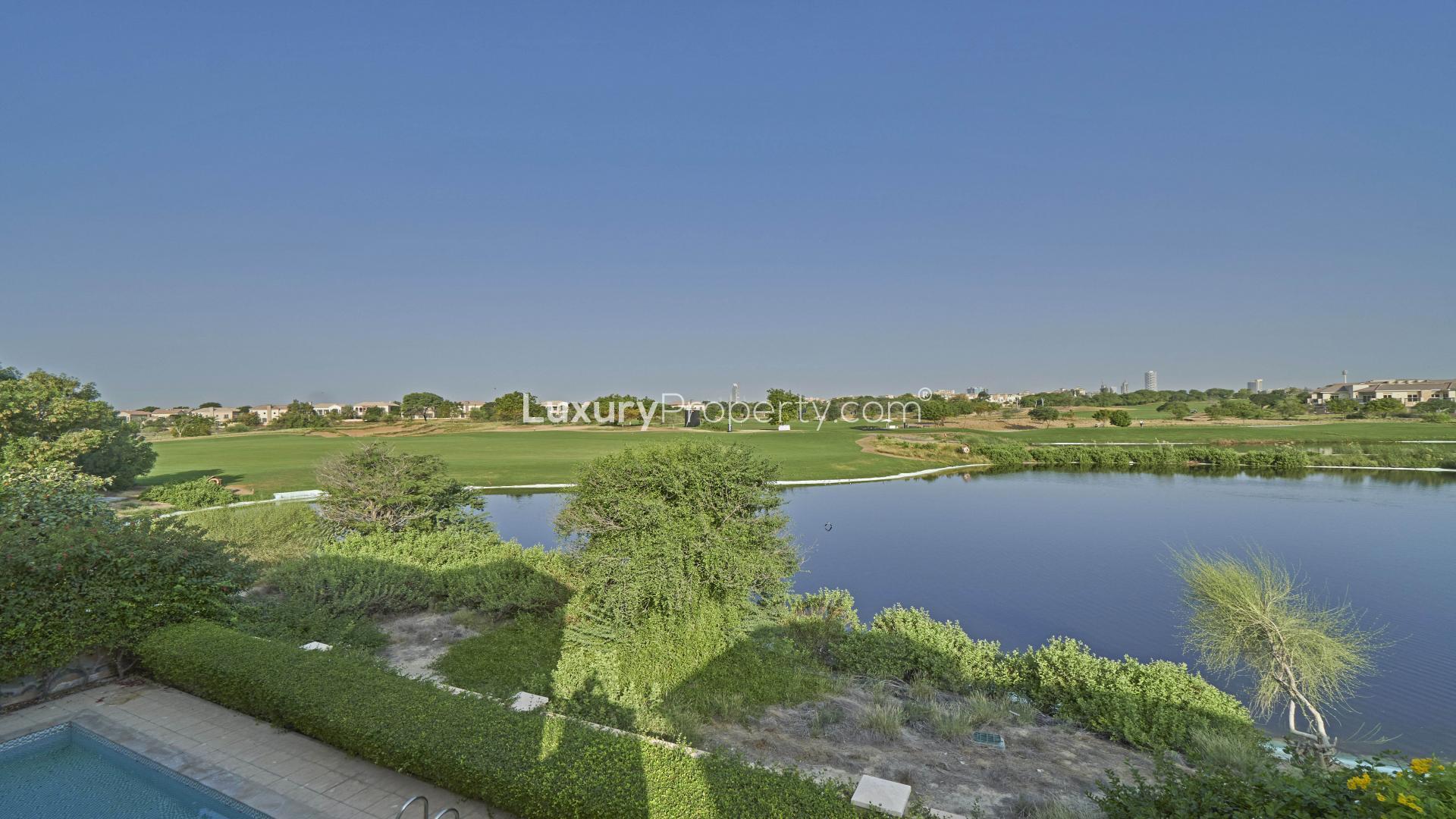 Elegant Sienna Lakes Villa interior with pool and golf course view, Jumeirah Golf Estates